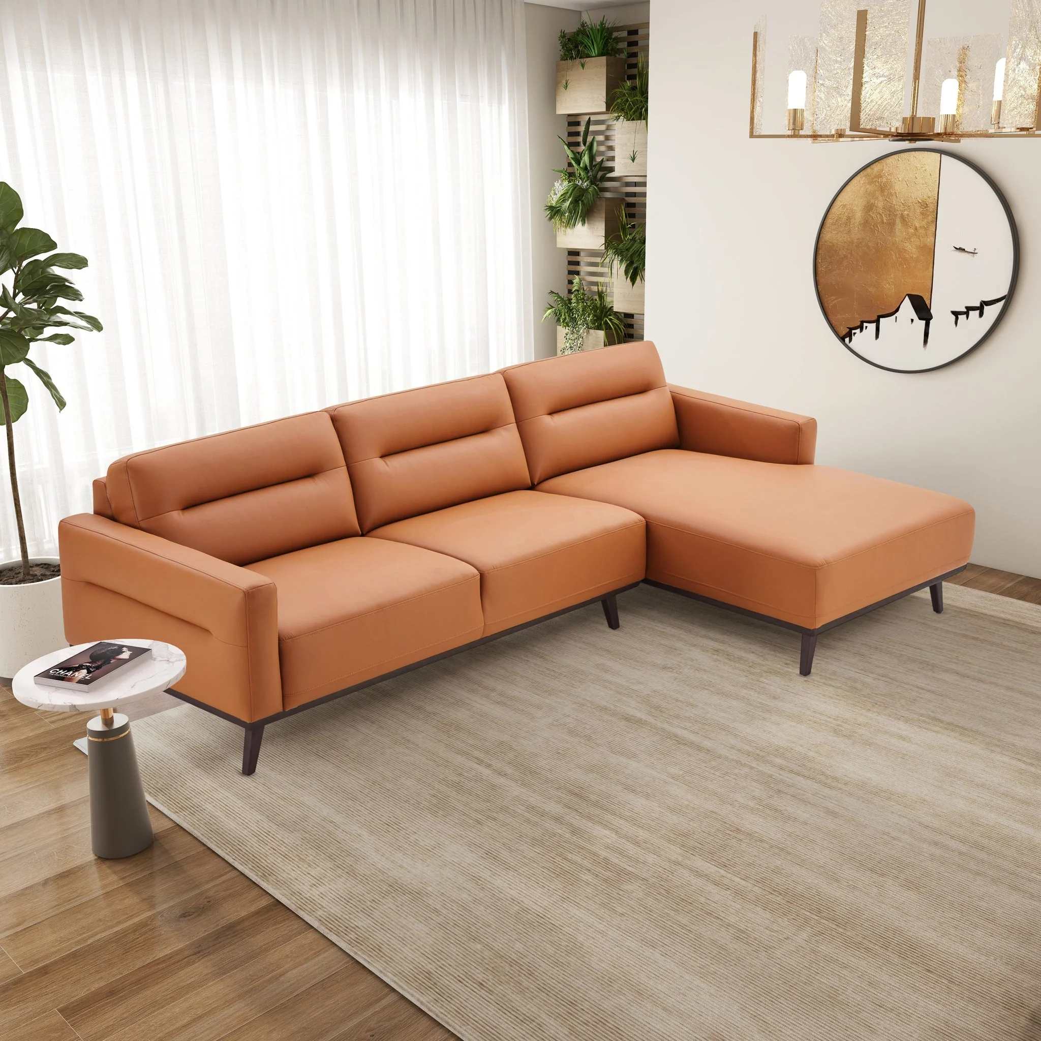 Ella L-Shaped Cognac PU Leather Right Sectional Couch - Image 3