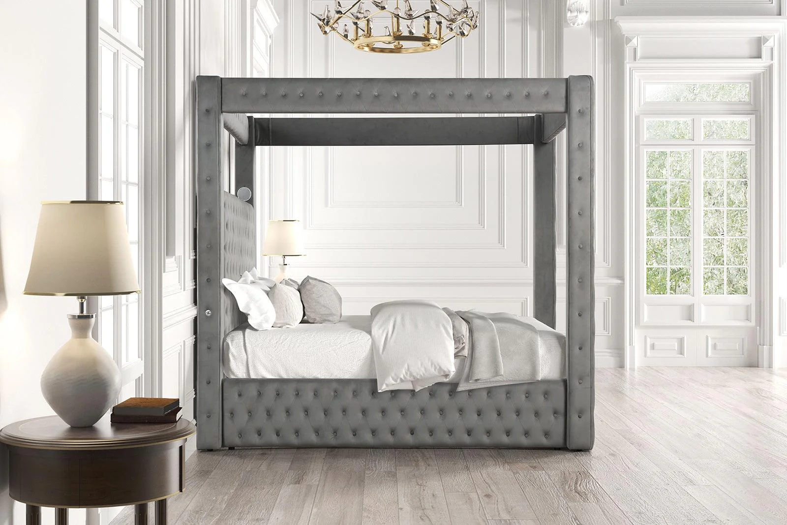 Etherea Gray King Upholstered Platform Poster Bed - Image 3