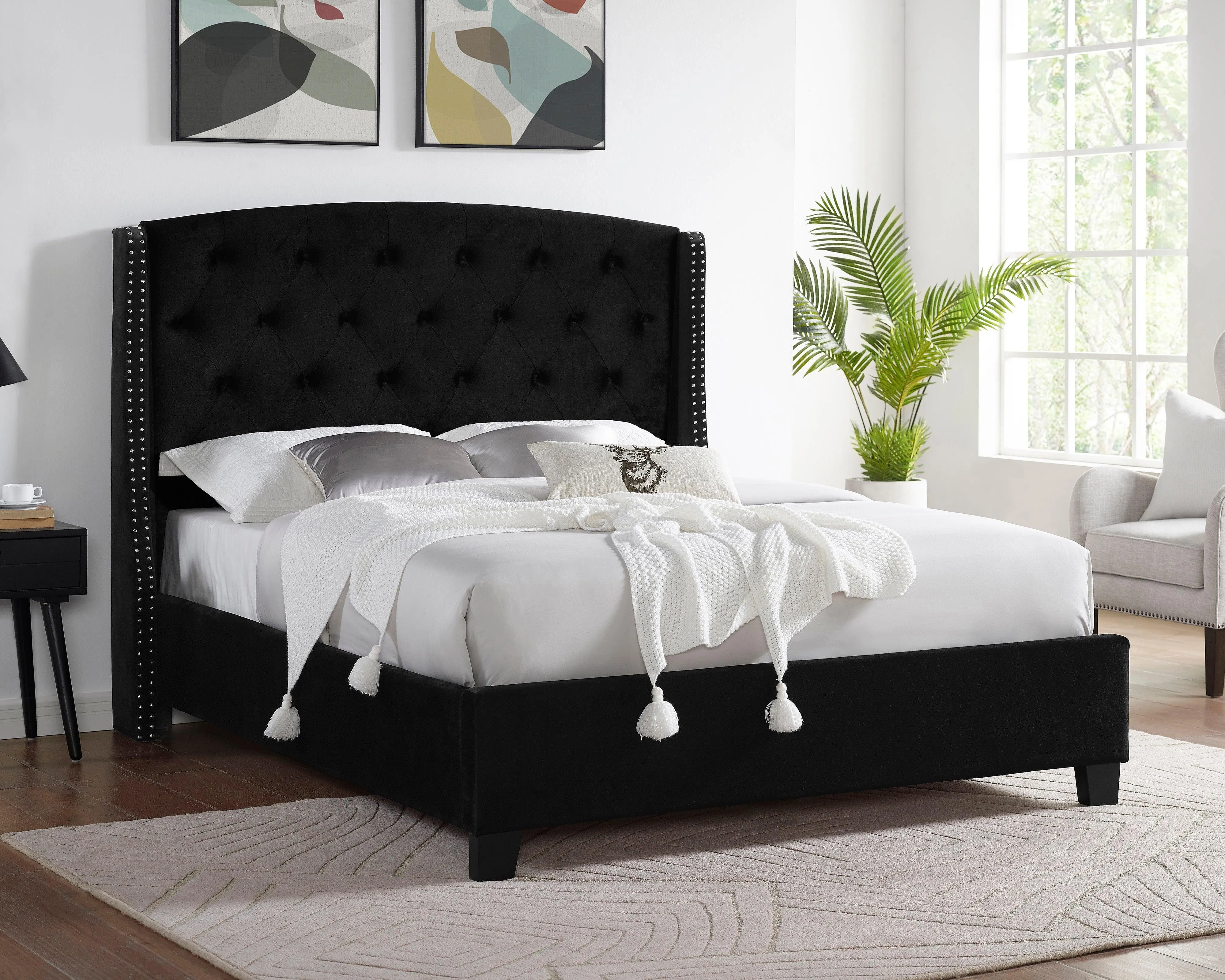 Eva Black Velvet Queen Upholstered Bed - Image 2