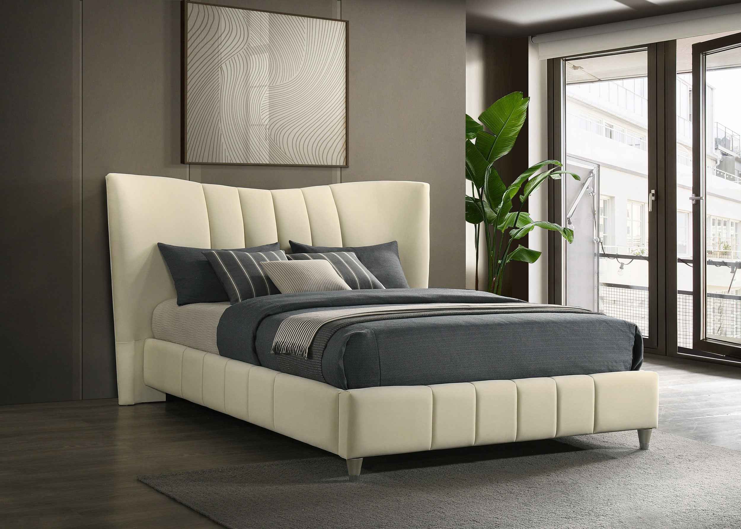 Evelyn Ivory Upholstered Queen Panel Platform Bed