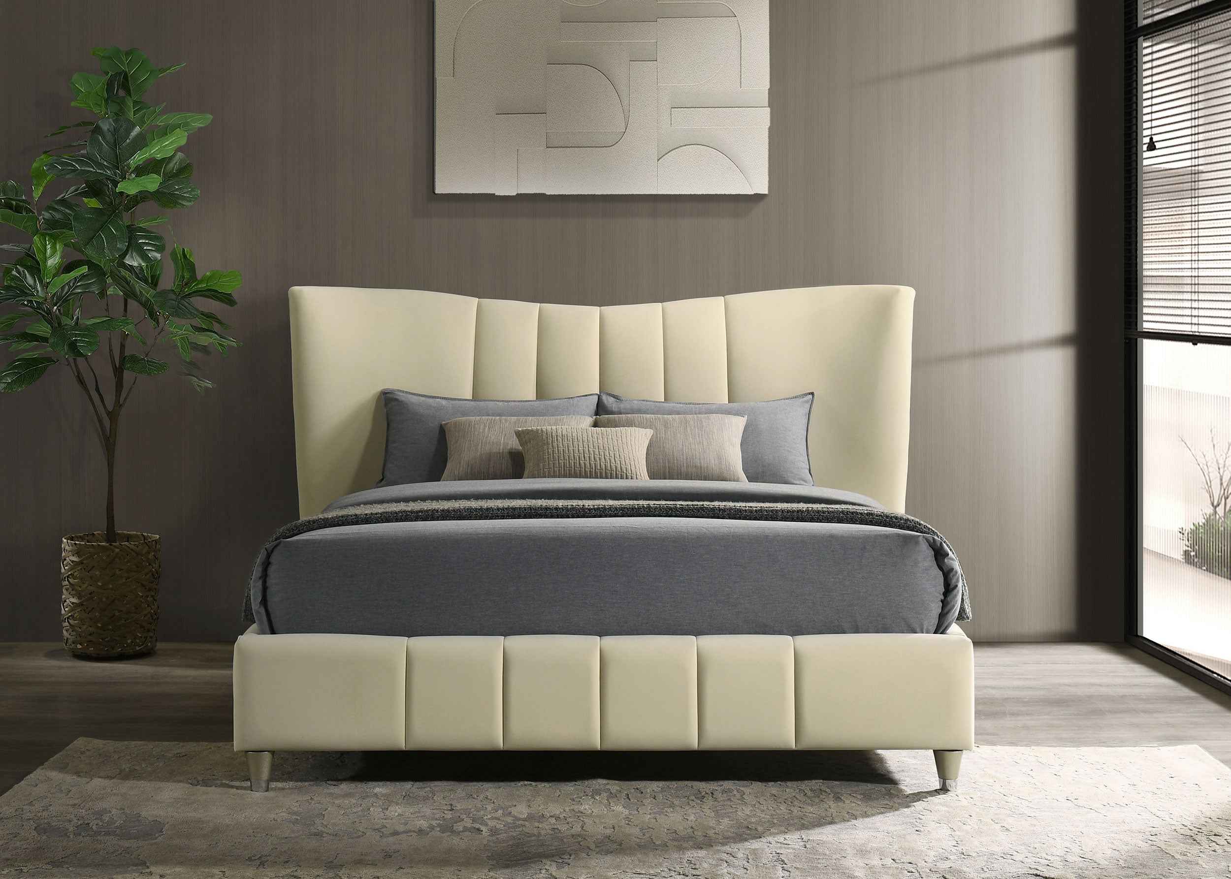Evelyn Ivory Upholstered Queen Panel Platform Bed - Image 2