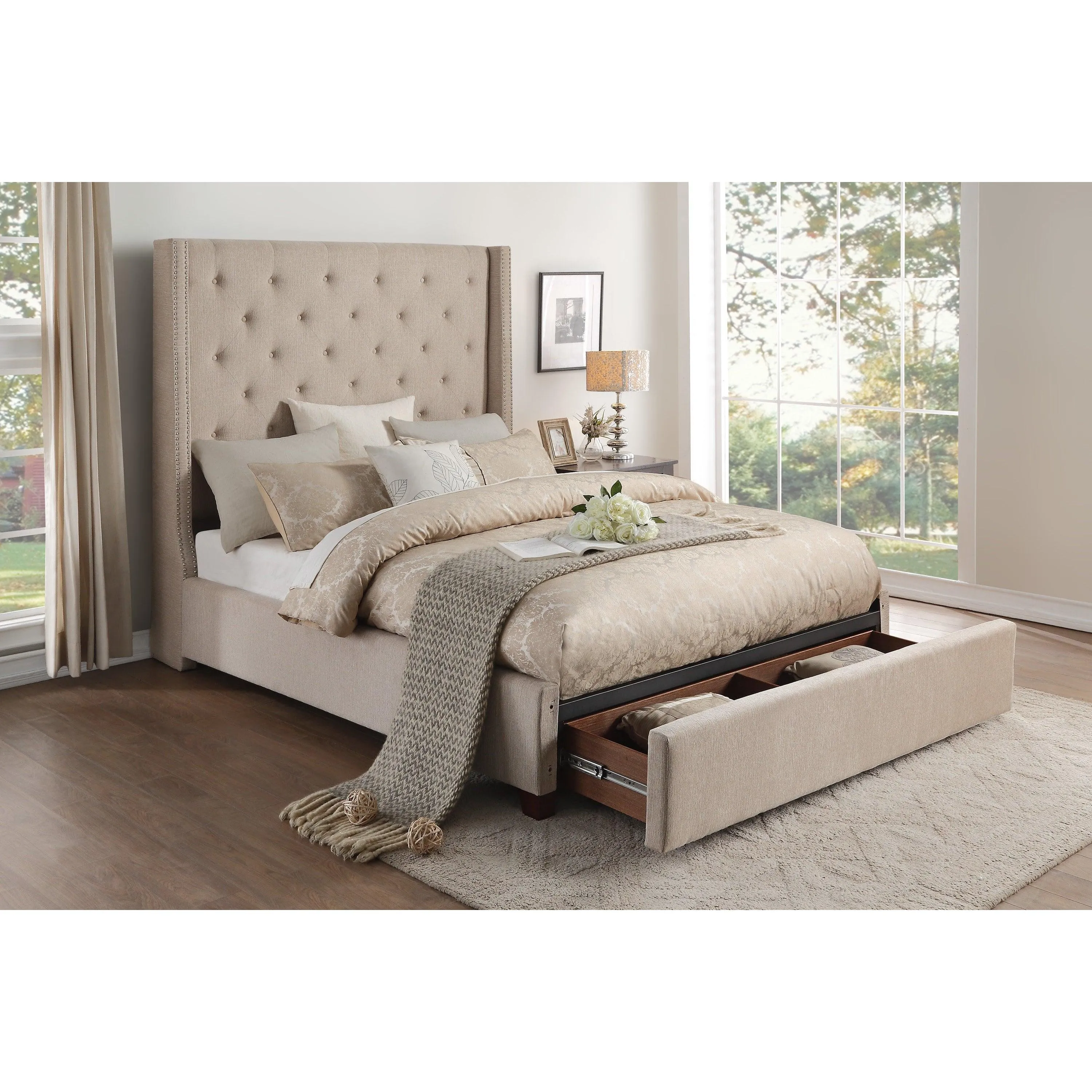 Fairborn Beige Queen Upholstered Storage Platform Bed - Image 6