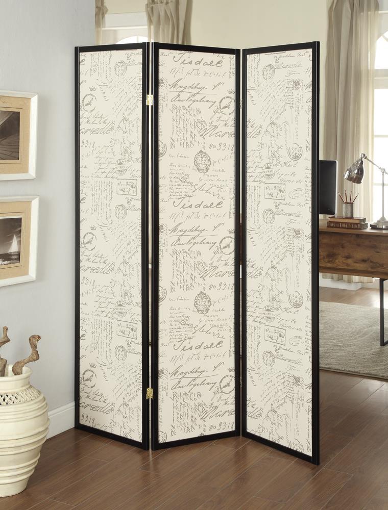 Felice Espresso 3-Panel French Script Print Folding Screen