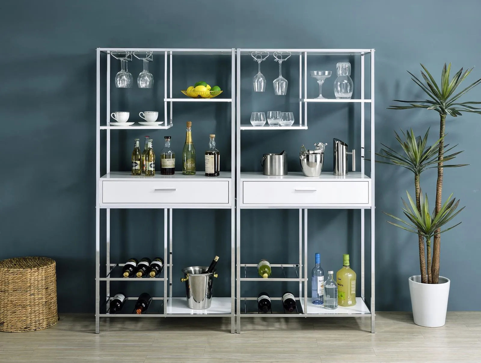 Figueroa White High Gloss and Chrome 5-shelf Wine Cabinet with Storage Drawer - Image 3
