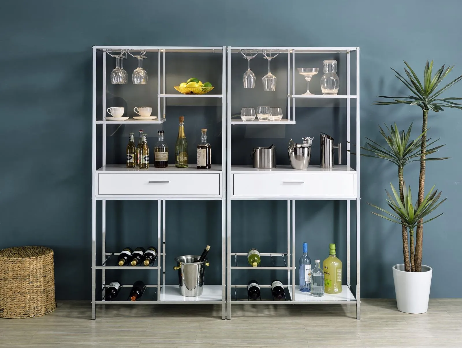 Figueroa White High Gloss and Chrome 5-shelf Wine Cabinet with Storage Drawer - Image 4