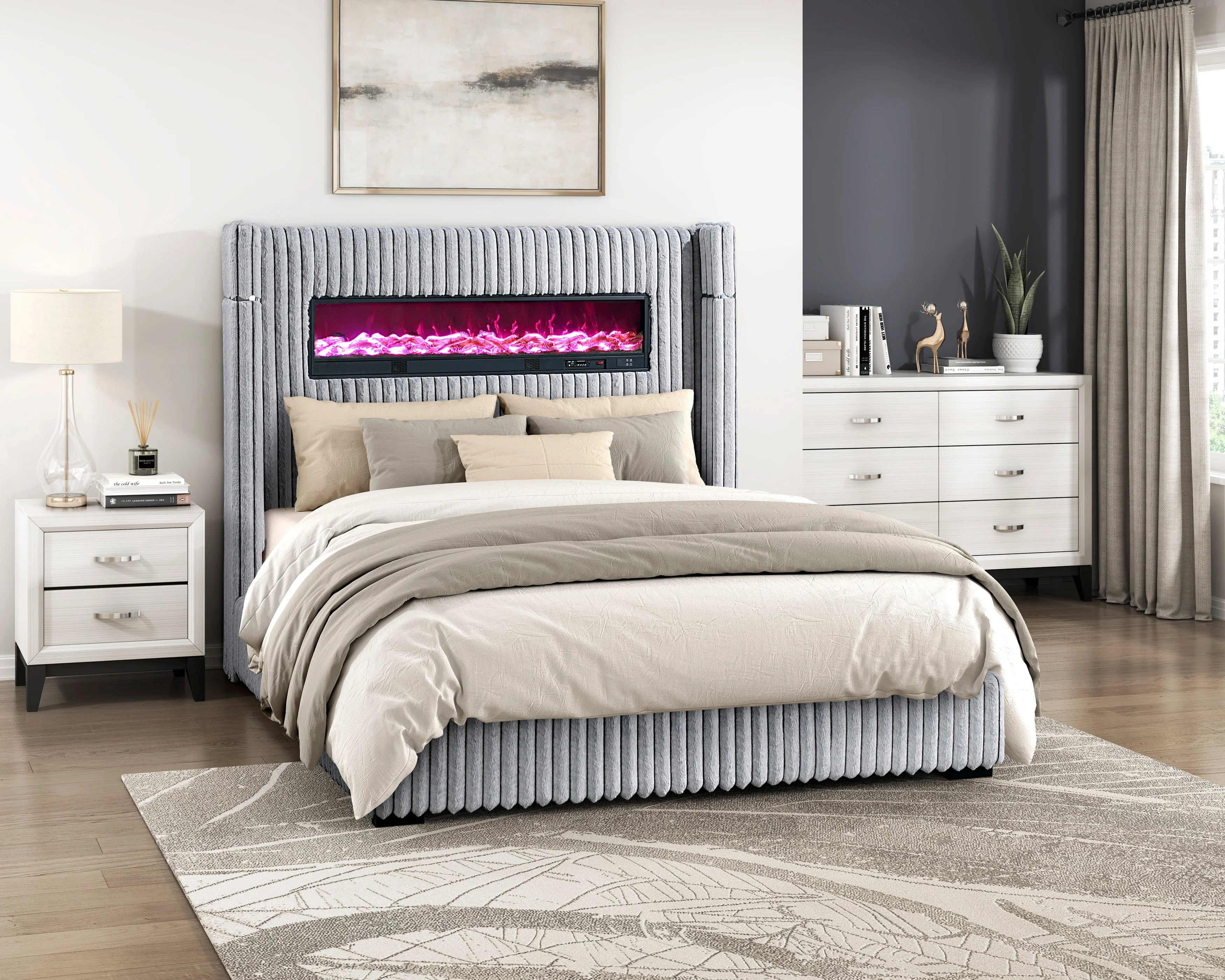 Fitzroy Gray Upholstered California King Bed with Fireplace - Image 10