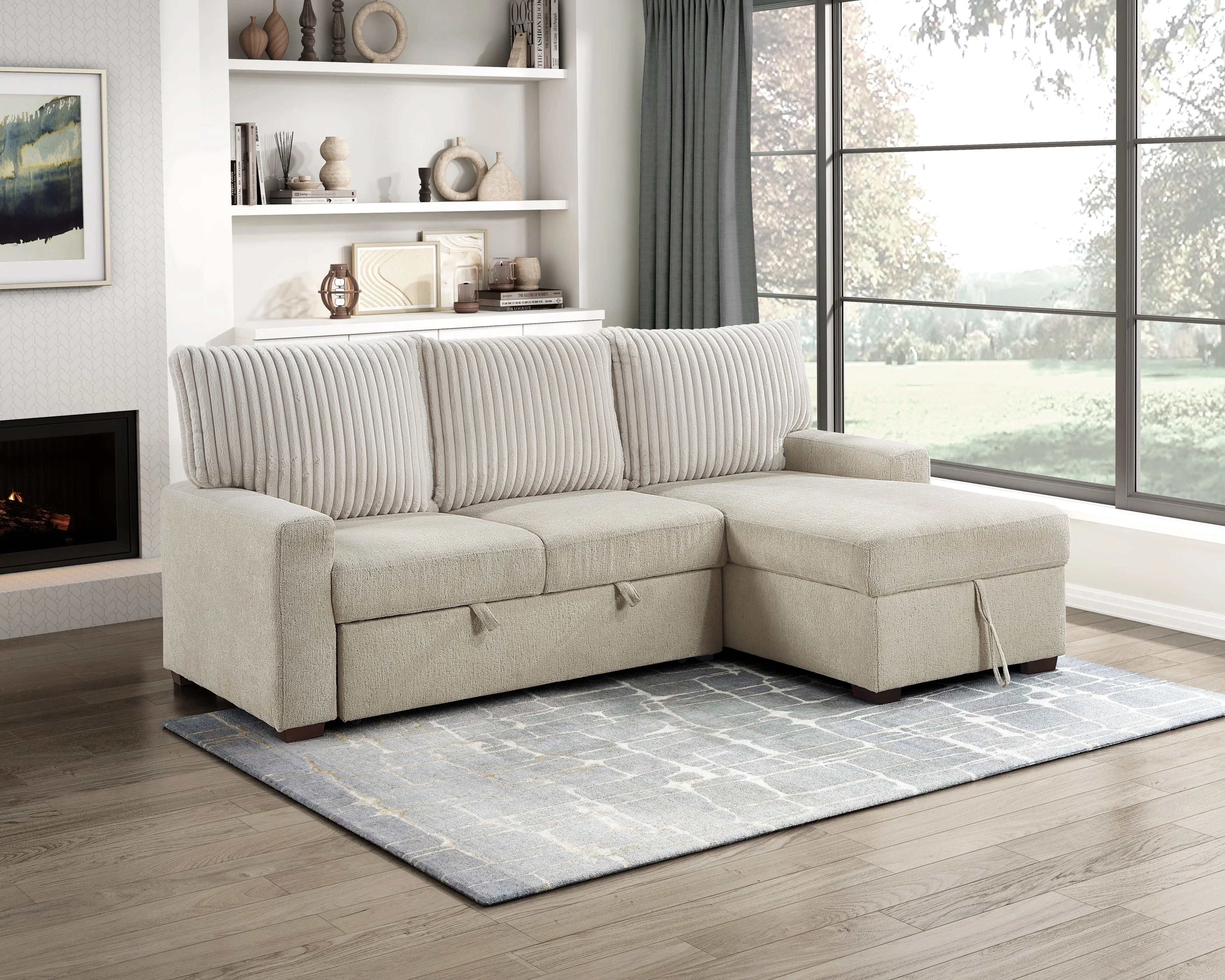 Gallatin Beige 2-Piece Sectional with Right Chaise, Pull-out Bed and Hidden Storage