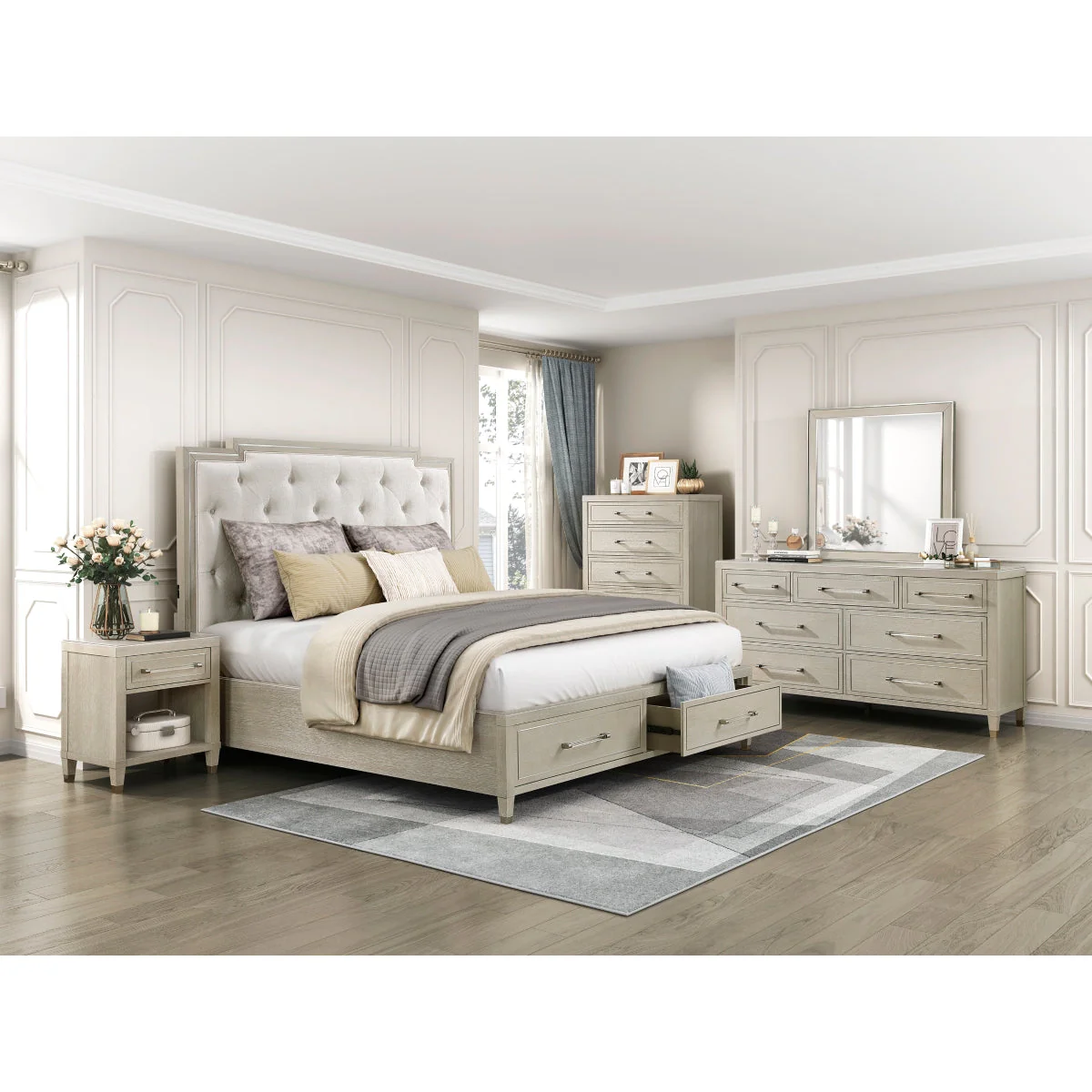Genoa Light Oak Queen Upholstered Storage Platform Bed - Image 7