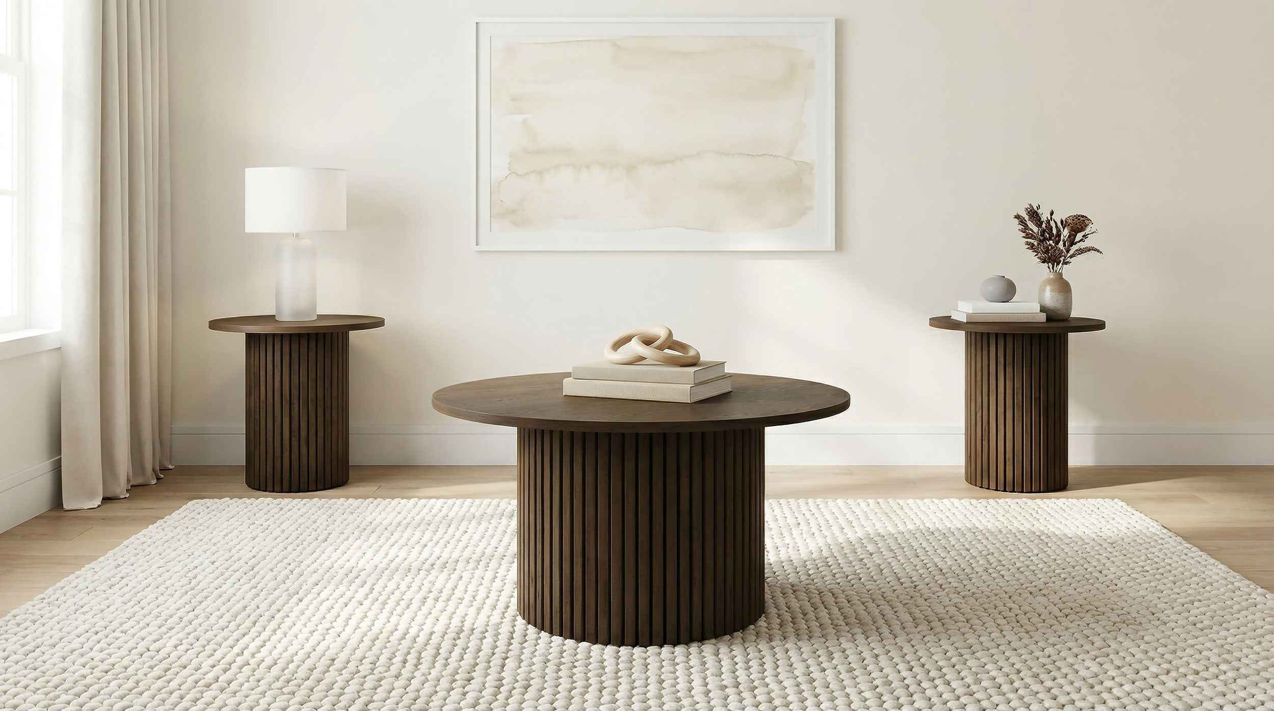 Hamlyn Walnut 3-piece Round Fluted Coffee and End Table Set