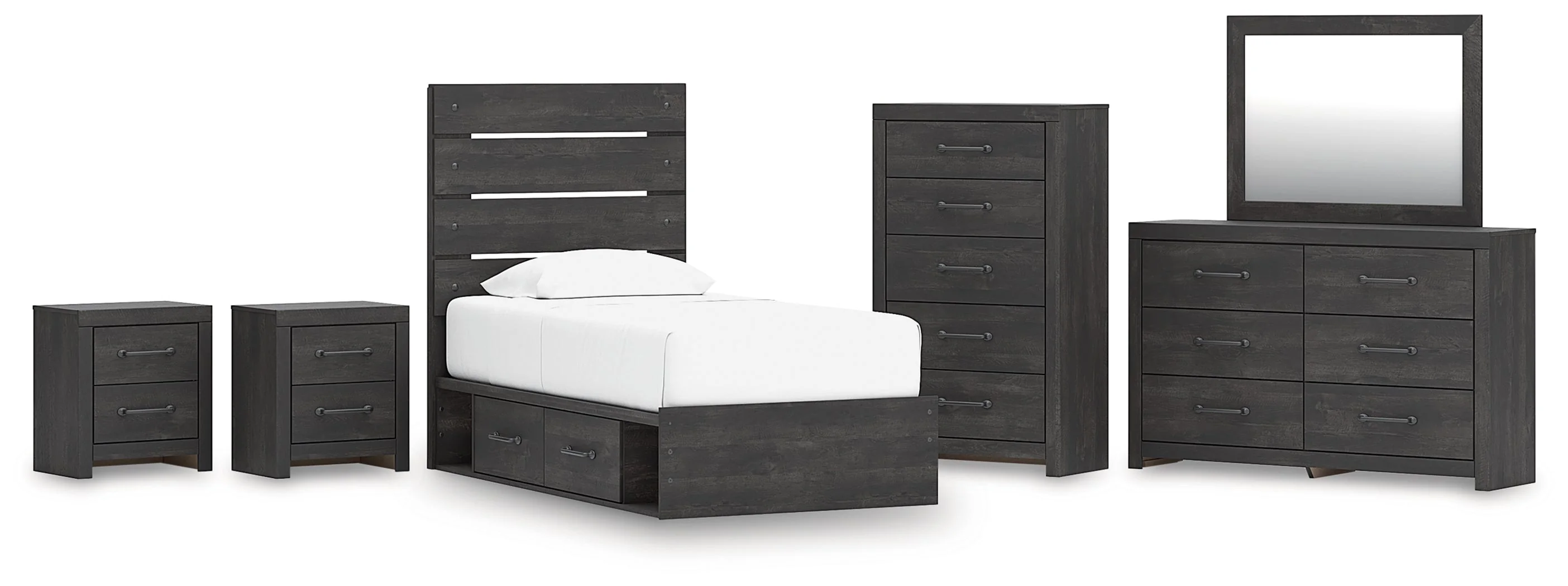 Hollivern Twin Panel Storage Bed with Mirrored Dresser, Chest and 2 Nightstands in Dark Gray