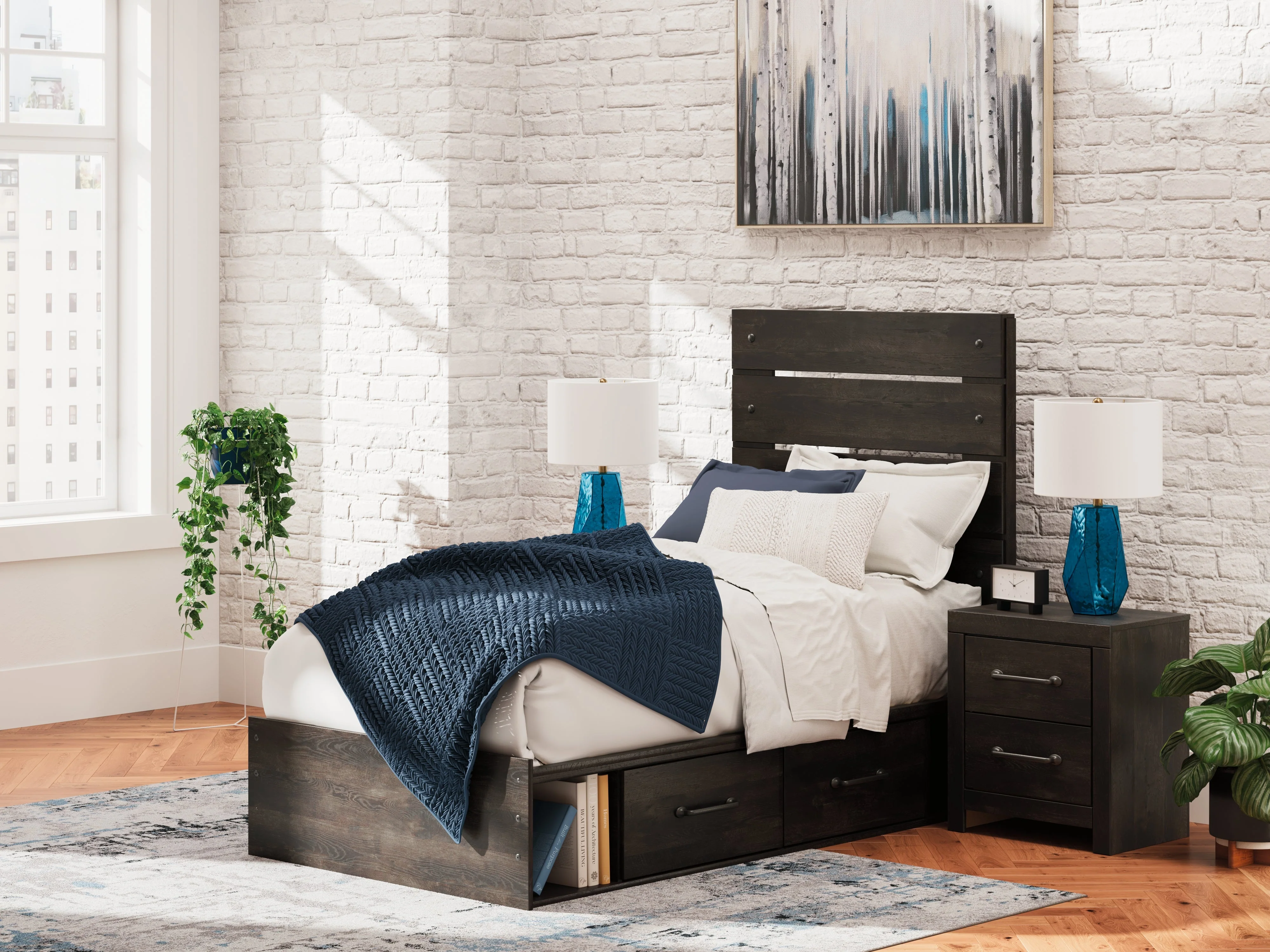 Hollivern Twin Panel Storage Bed with Mirrored Dresser, Chest and 2 Nightstands in Dark Gray - Image 40