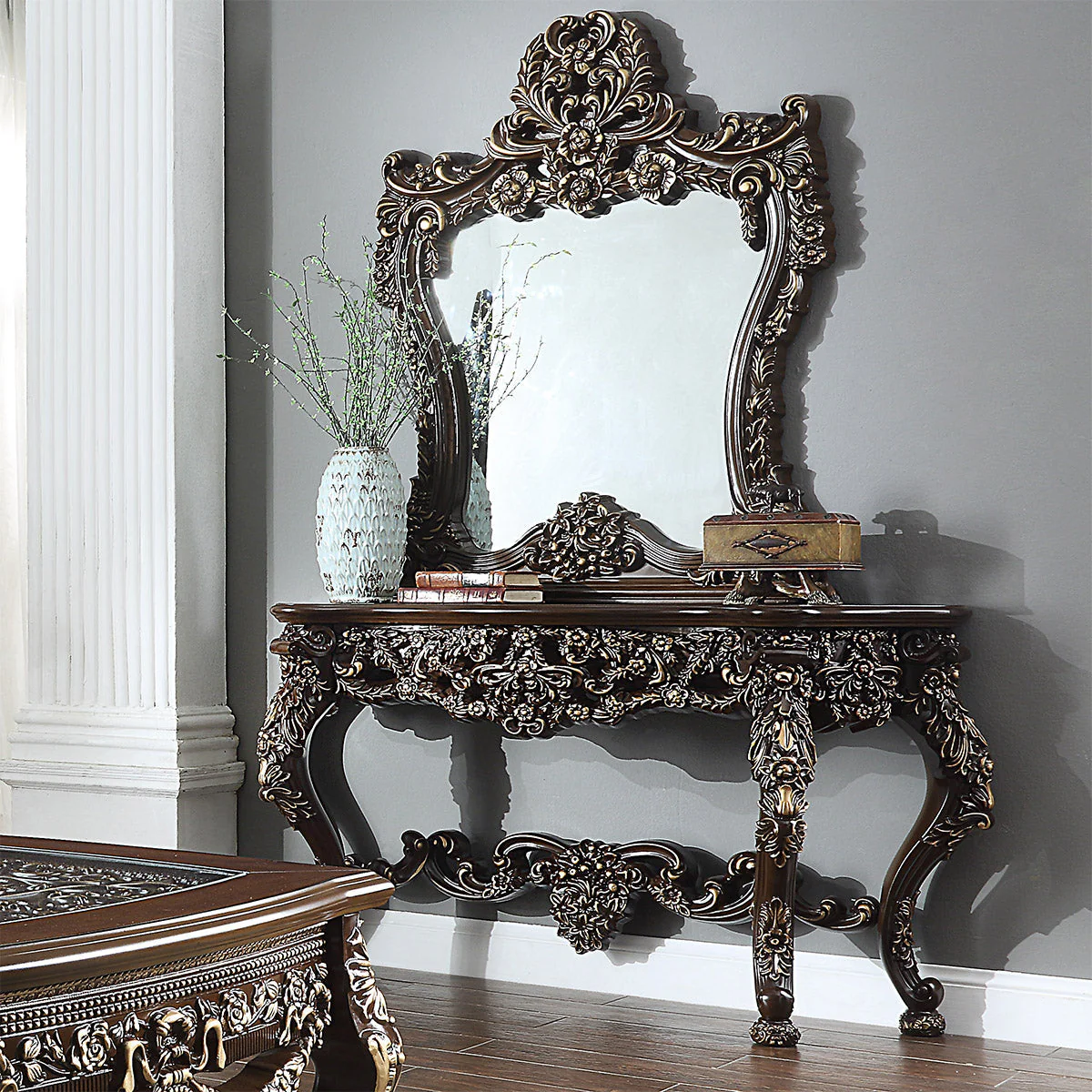 Homey Design HD-905 Cherry/Metallic Antique Gold Highlights Coffee Console Mirror - Image 2