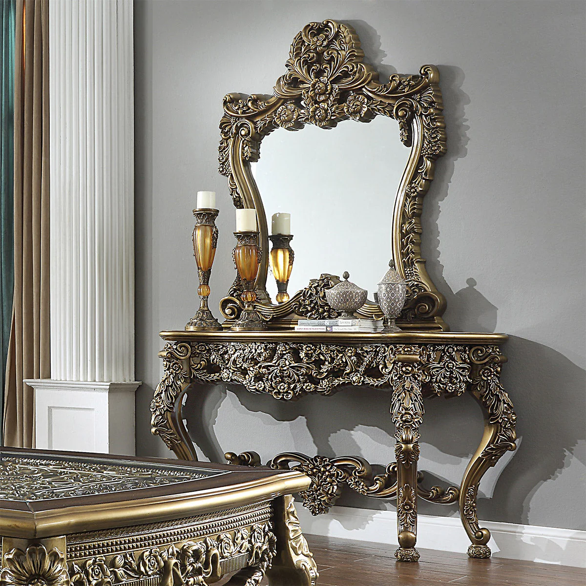 Homey Design HD-905 Perfect Brown/Metallic Antique Gold Highlights Br Console Mirror - Image 2