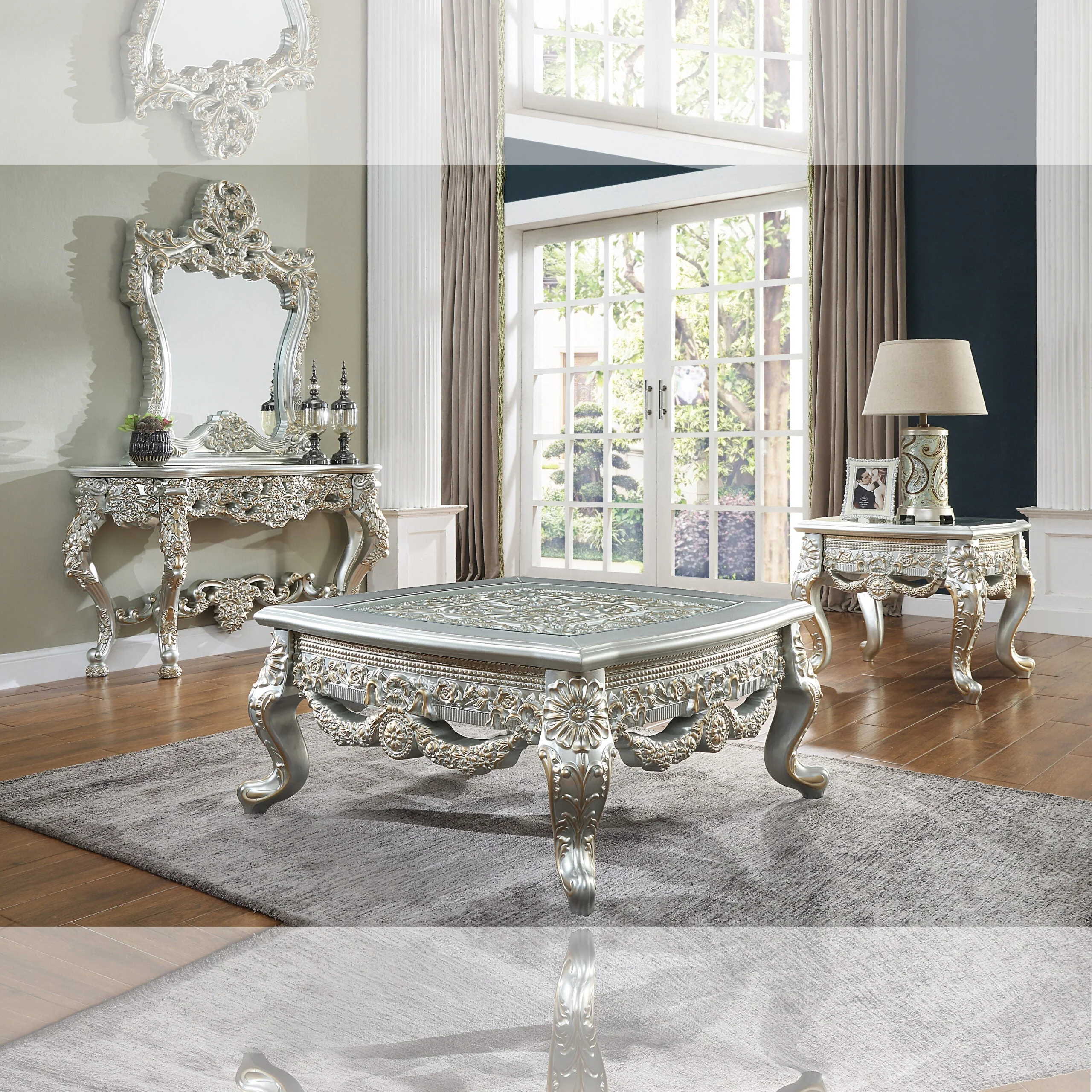 Homey Design HD-91633 Metallic Silver w/ Antique Gold Trim Loveseat - Image 2