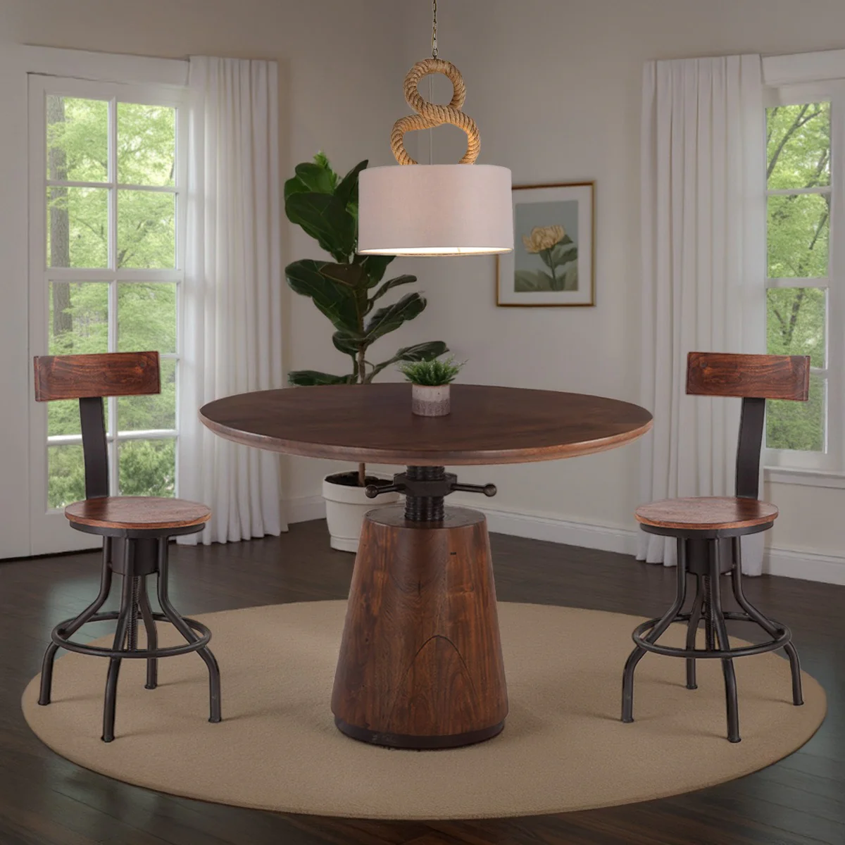 Industrial Modern 40" Round Adjustable Table in Walnut - Image 4