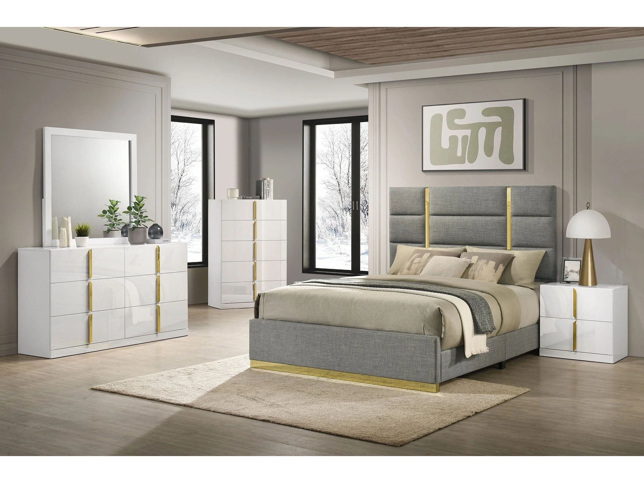 Ines Grey/White High Gloss 5-piece Eastern King Bedroom Set