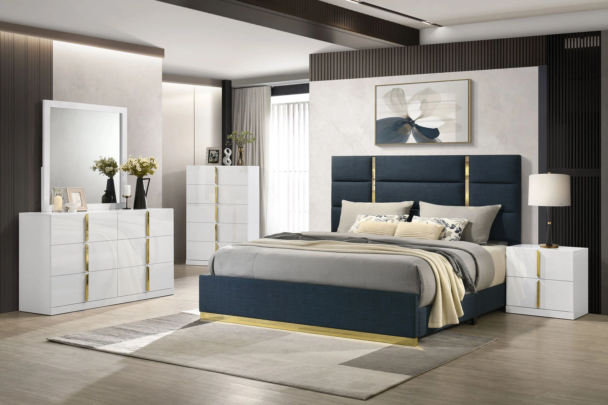 Ines Navy 52-inch Fabric Upholstered Eastern King Panel Bed - Image 10