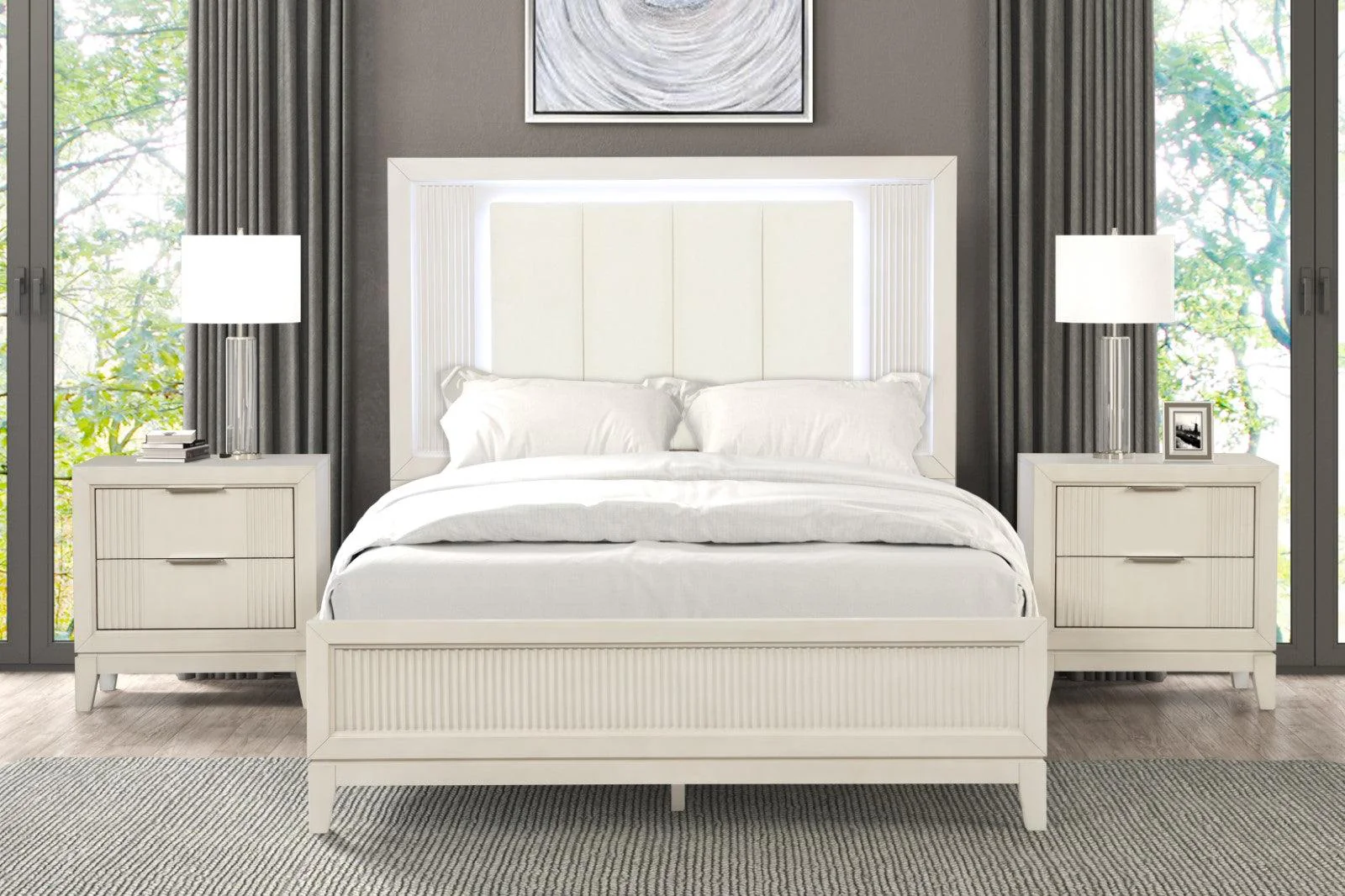 Isadore Antique White LED Queen Panel Bed