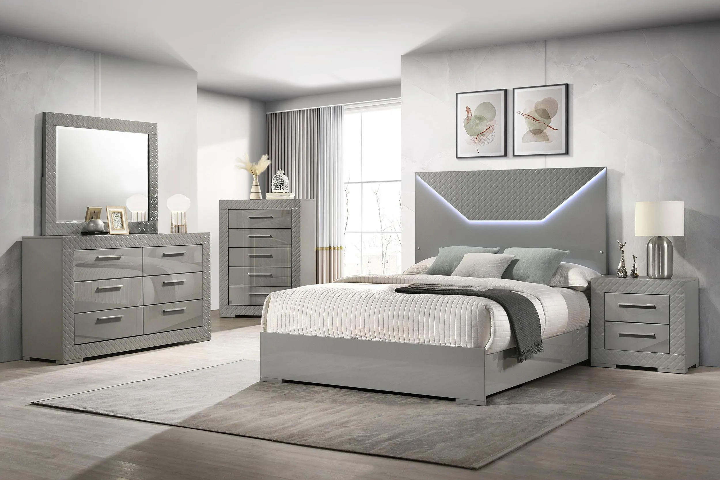 Ives Gray High Gloss Eastern King Panel Bed LED Headboard - Image 5
