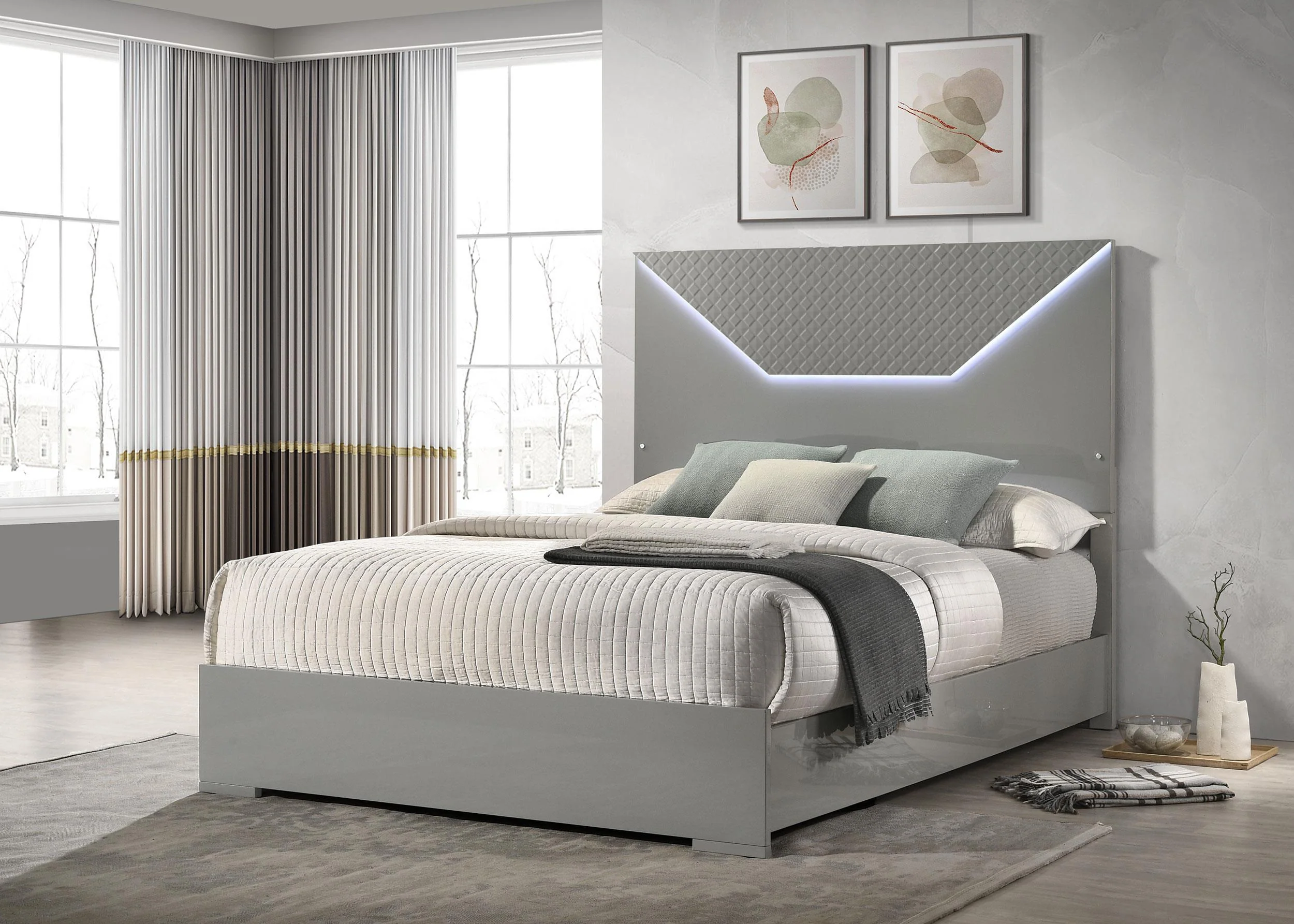 Ives Grey High Gloss Queen Panel Bed LED Headboard