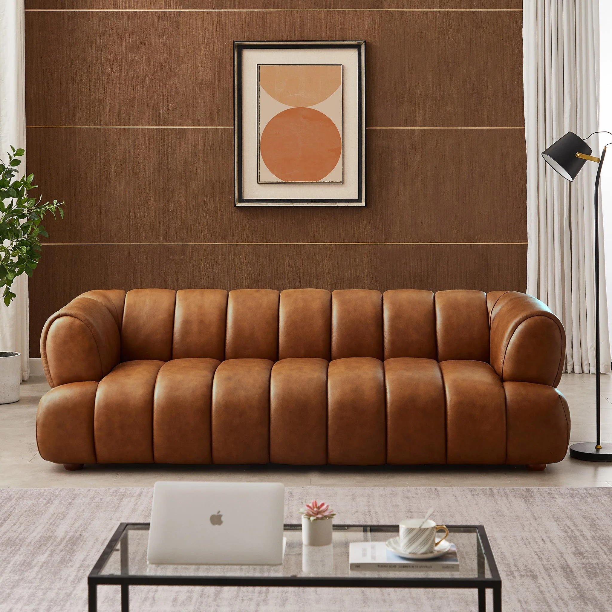 Jasmin Mid-Century Modern Cognac Genuine Leather Sofa - Image 2