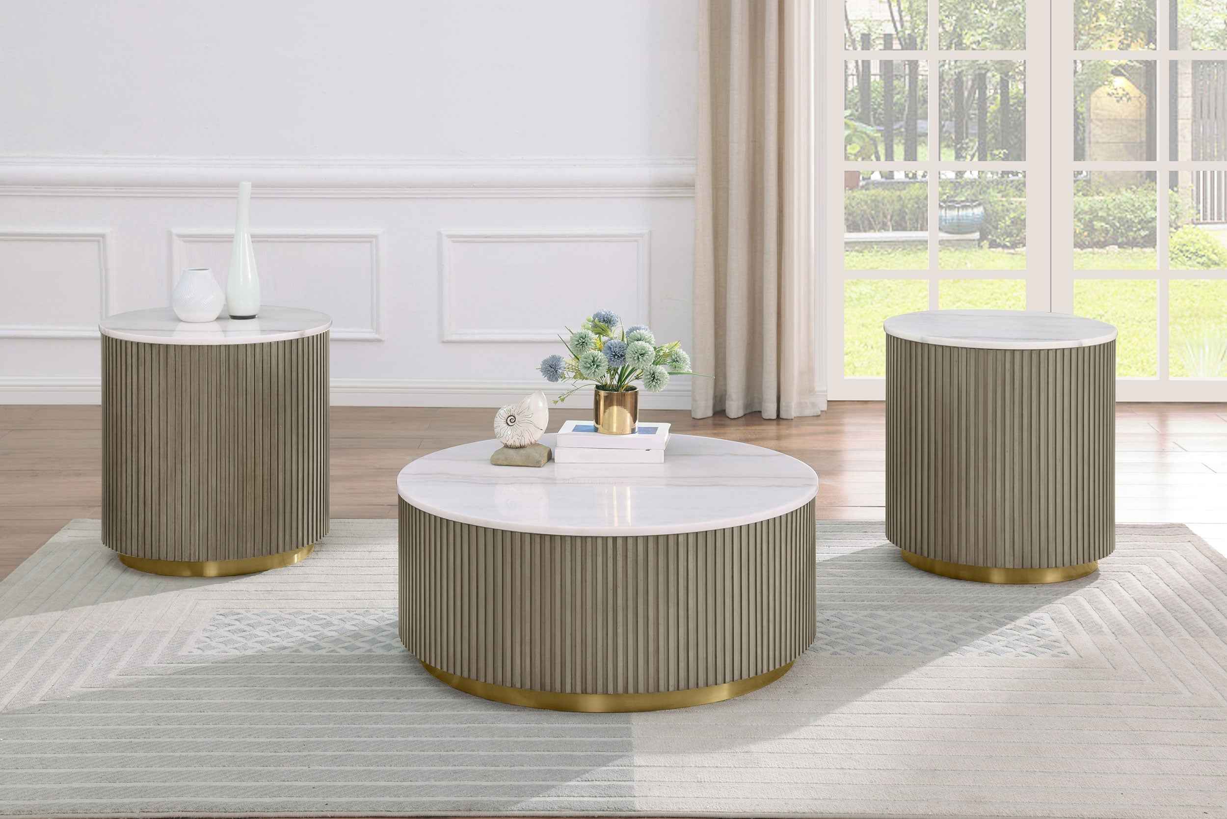 Jason Greige Round White Marble Top Side End Table - Image 8