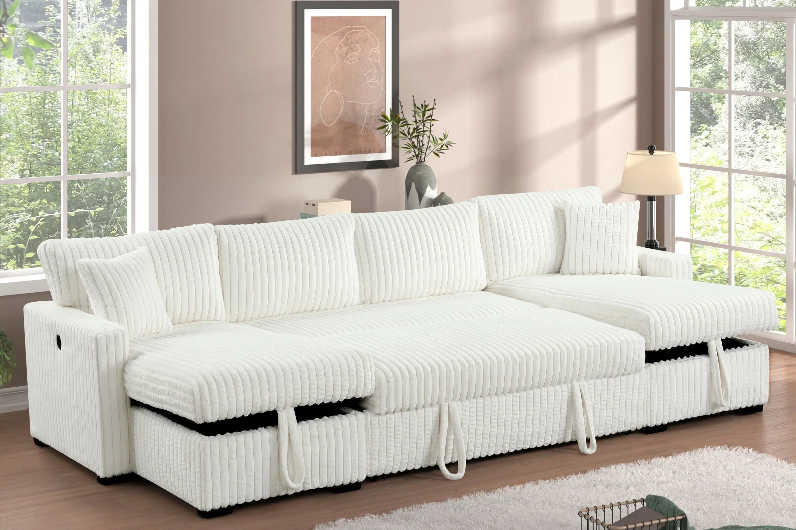 July Beige Double Storage Chaise Sectional with Pull Out Bed - Image 3