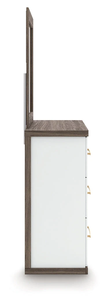 Kendanport White/Brown Queen Upholstered Bed, Dresser, Mirror and Nightstand - Image 5