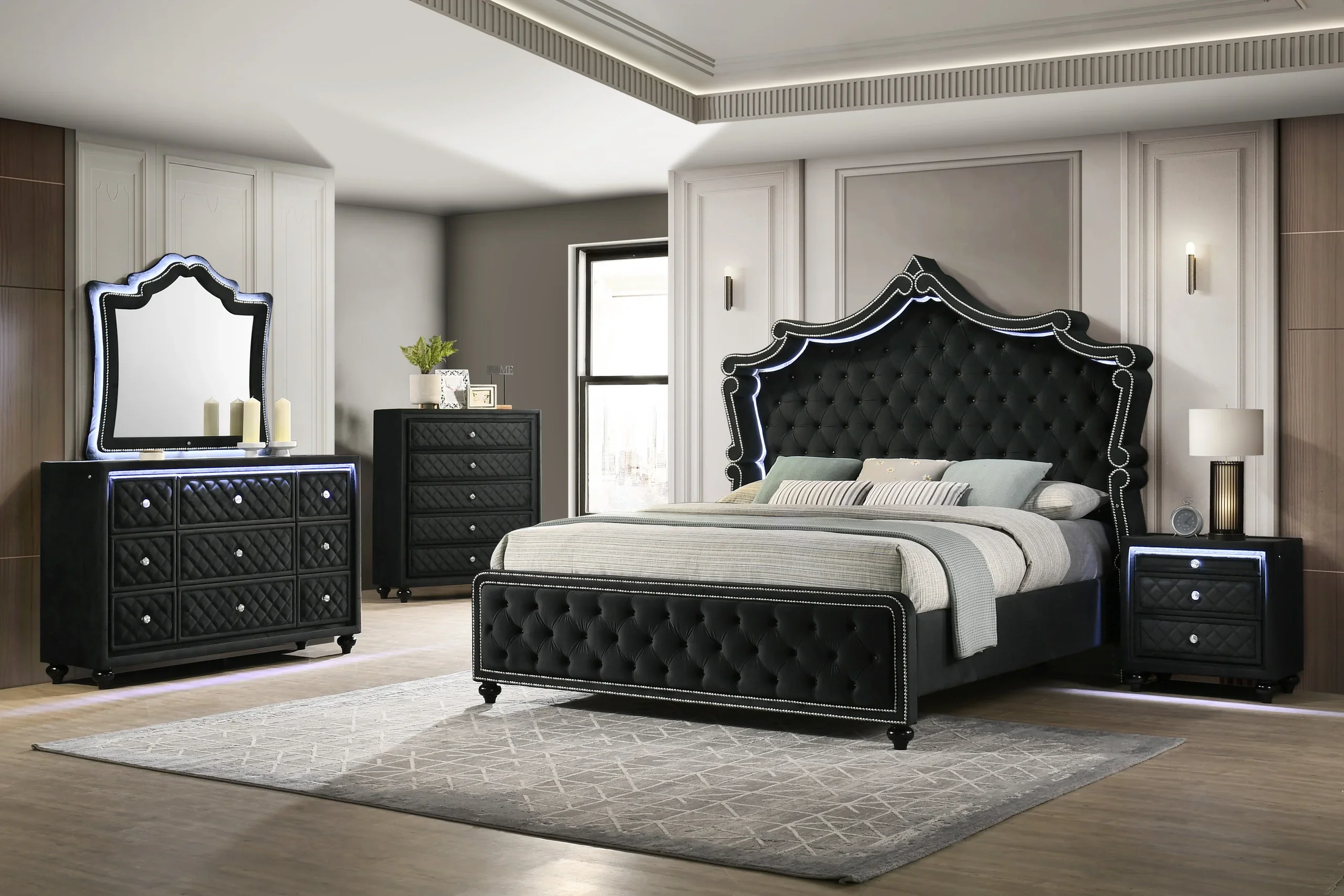 Kingdom Black Velvet Panel Bedroom Set - Image 2