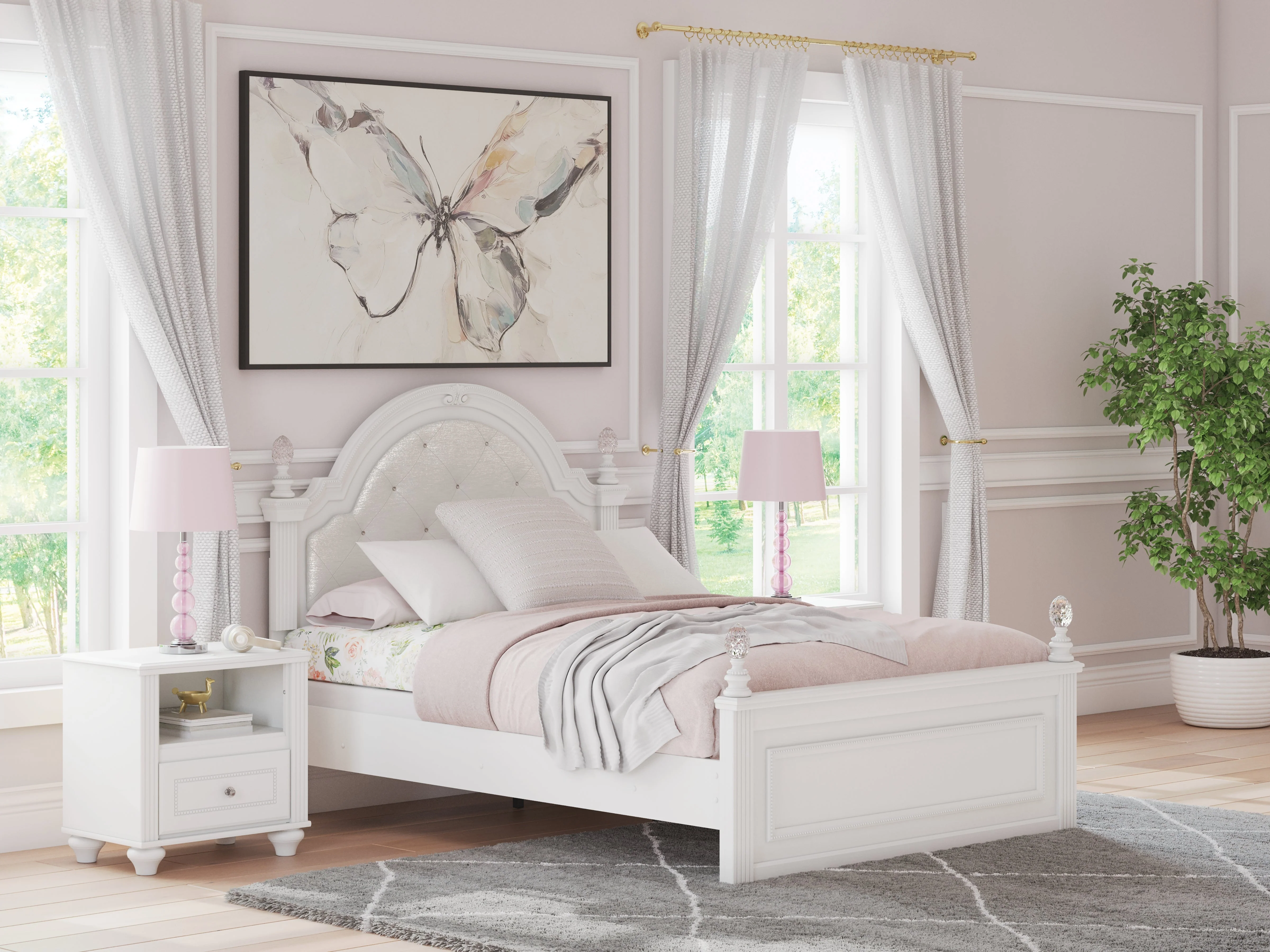 Kozlani White Full Upholstered Panel Bed, Dresser and Mirror