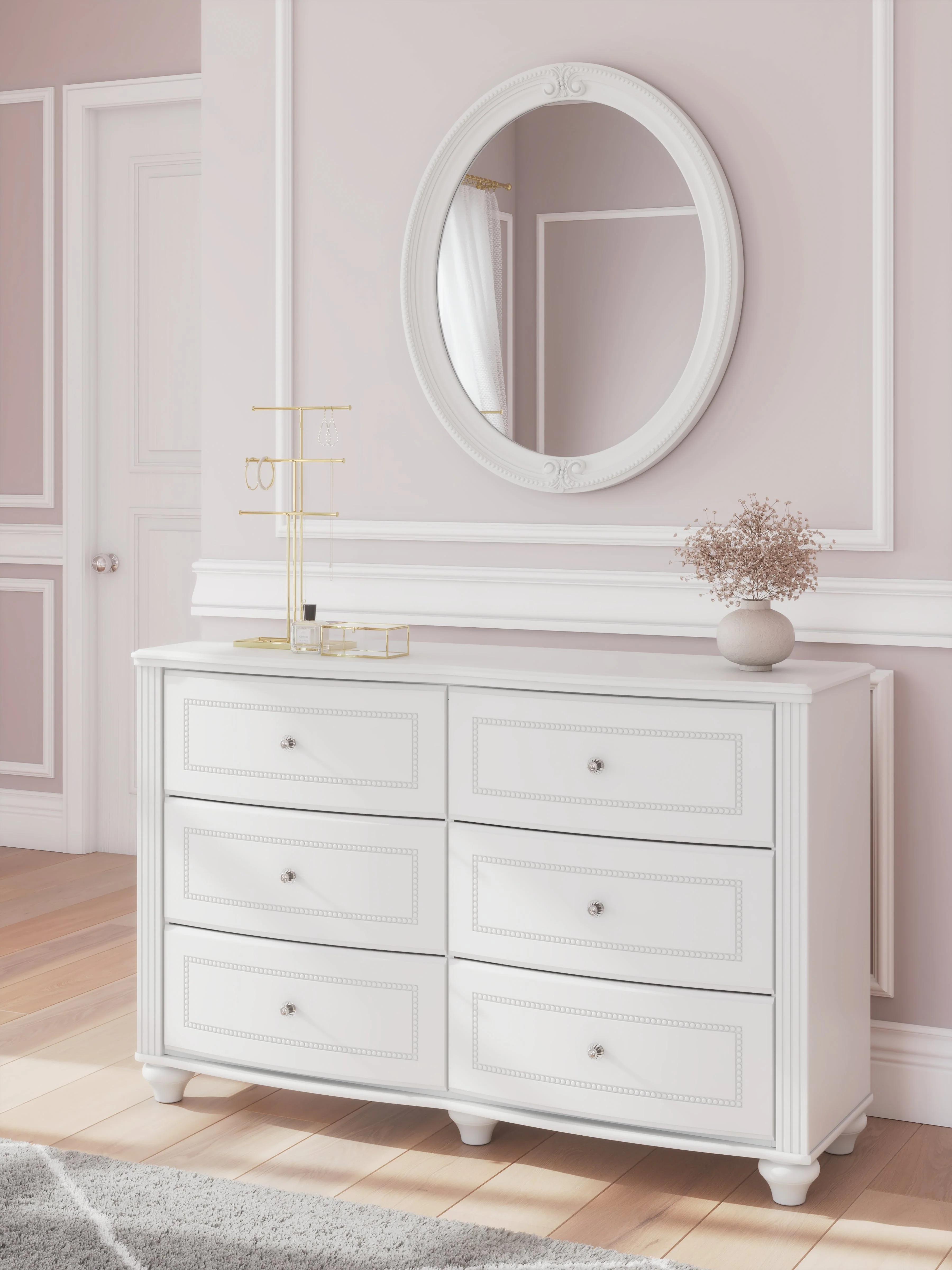 Kozlani White Twin Upholstered Panel Bed, Dresser and Mirror - Image 14