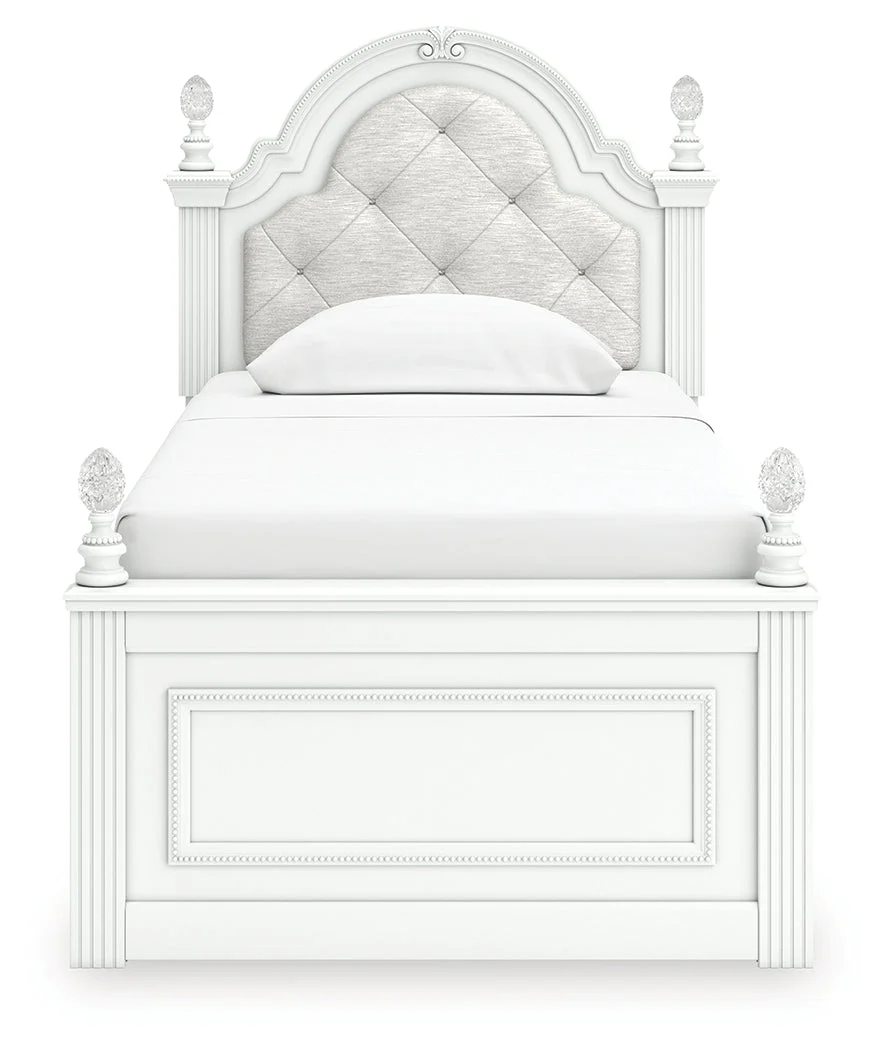 Kozlani White Twin Upholstered Panel Bed, Dresser and Mirror - Image 2