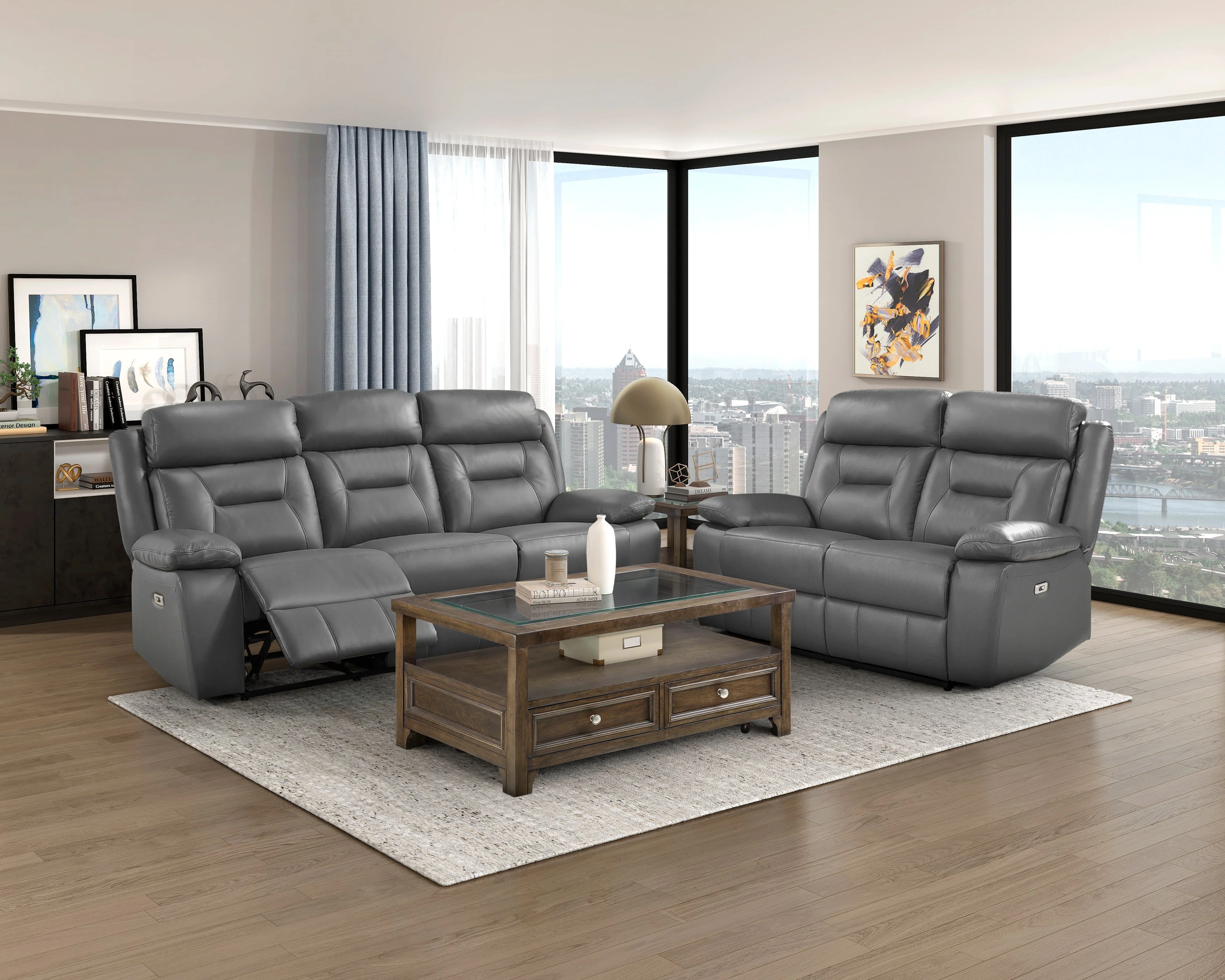 Laconia Dark Gray Leather Power Double Reclining Living Room Set - Image 2