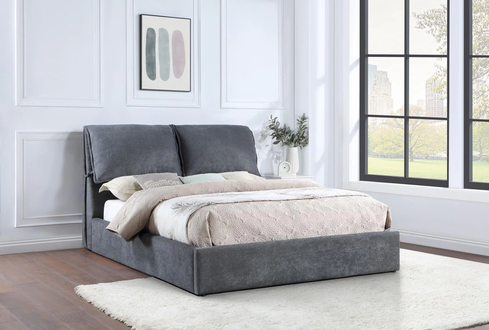 Laurel Charcoal Grey Upholstered Queen Platform Bed with Pillow Headboard