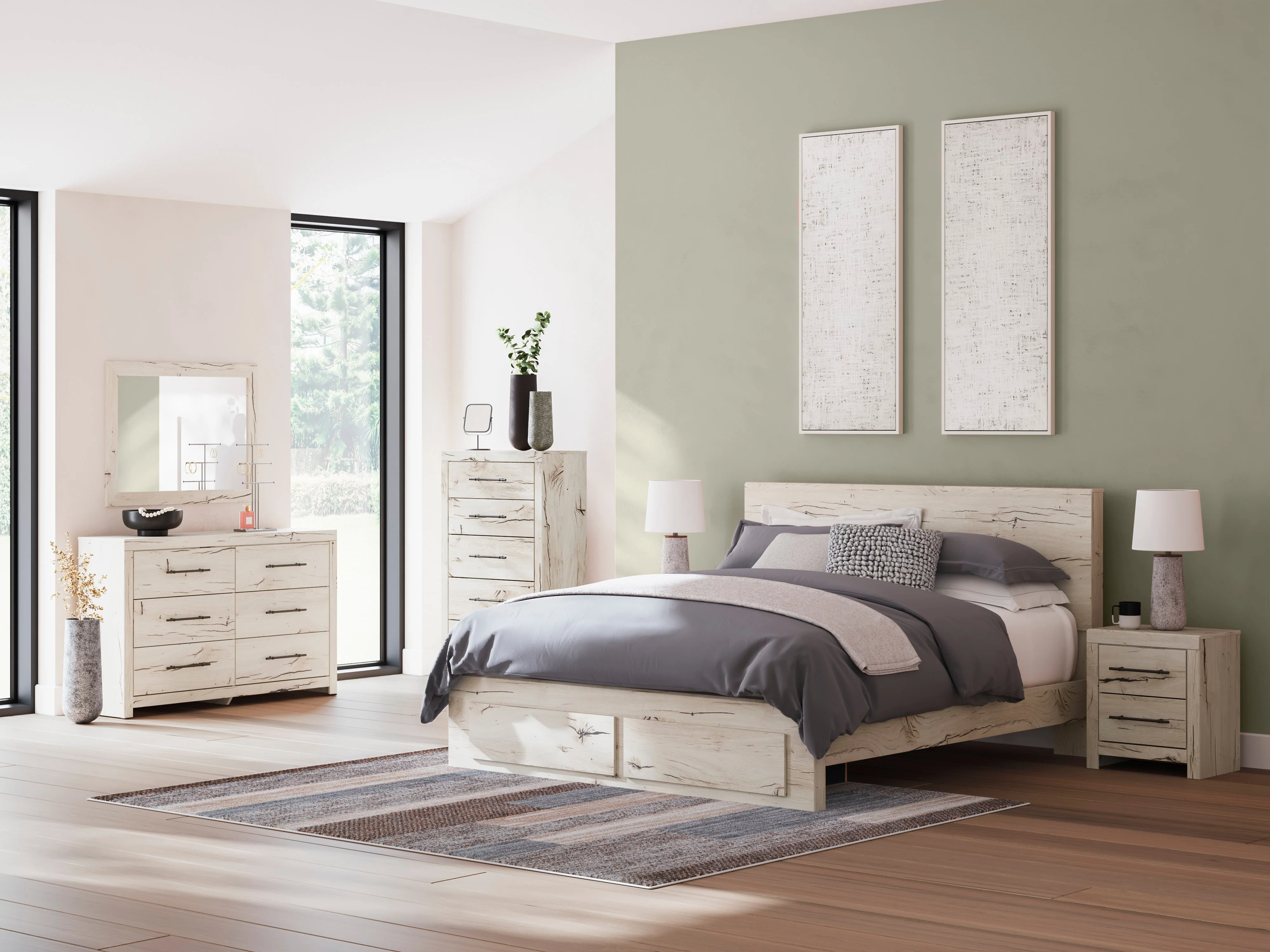 Lawroy Light Natural Storage Panel Bedroom Set with 2 Footboard Drawers