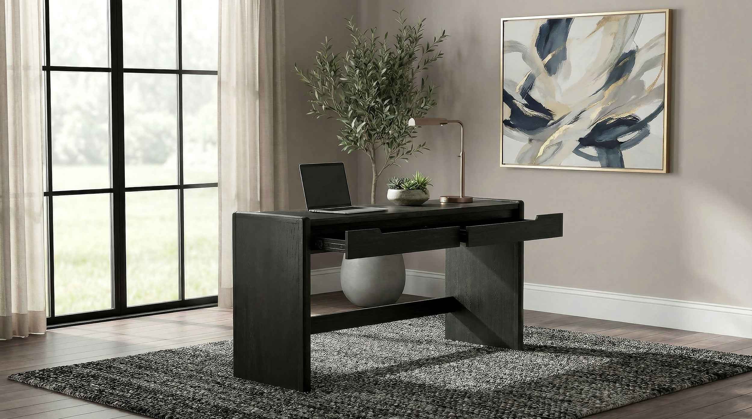 Leandro Burnished Black 2-drawer Home Office Writing Desk - Image 2