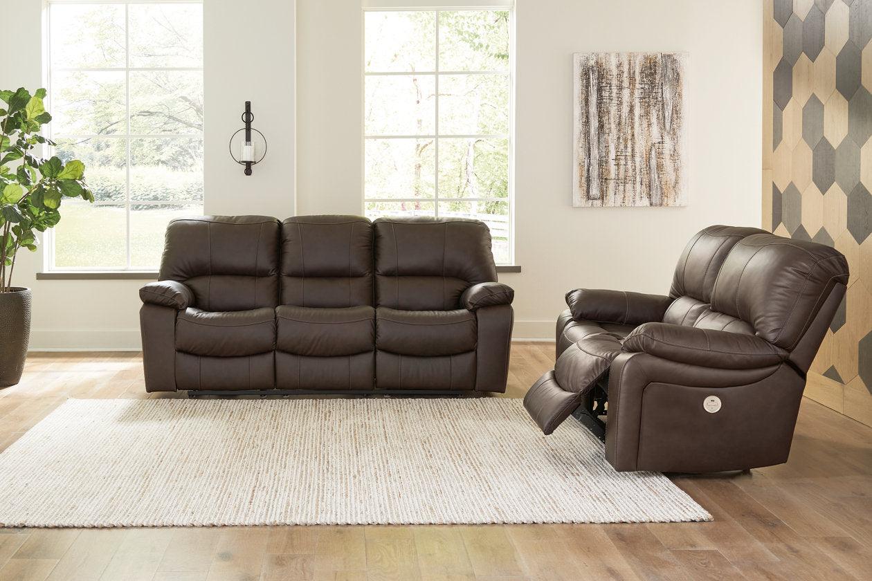Leesworth Dark Brown Power Leather Reclining Sofa and Loveseat