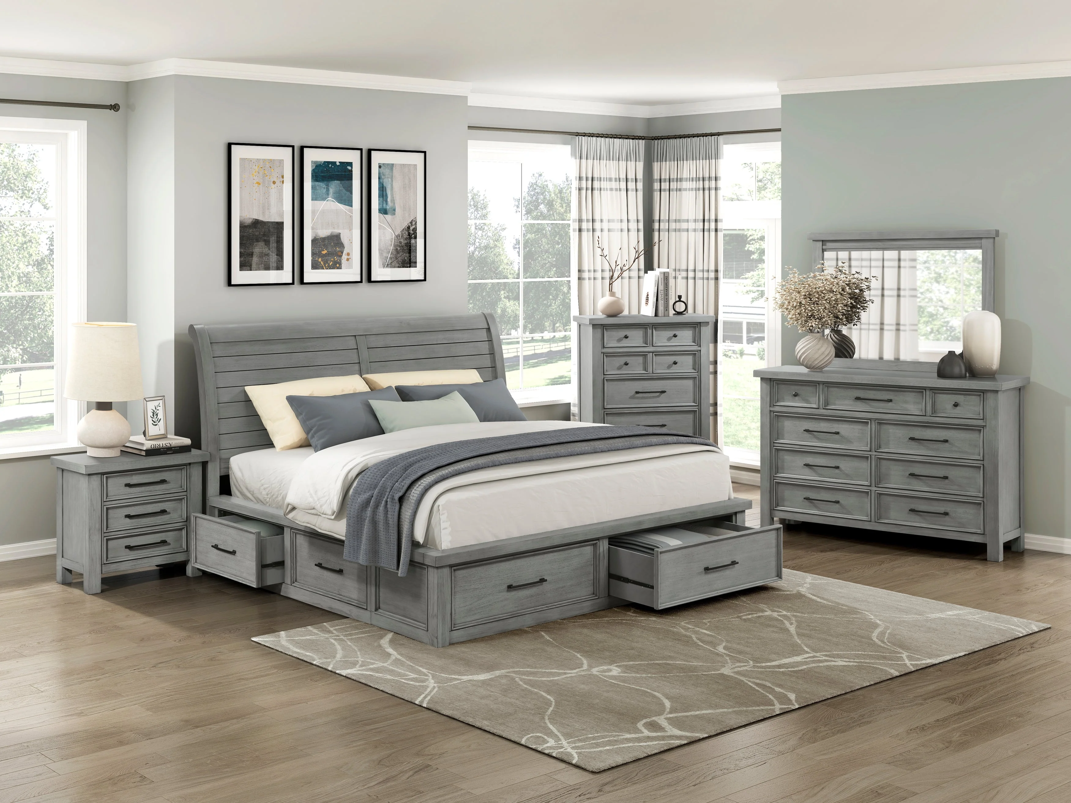 Logandale Antique Gray California King Platform Bed with Storage Footboard and Side Rails - Image 11