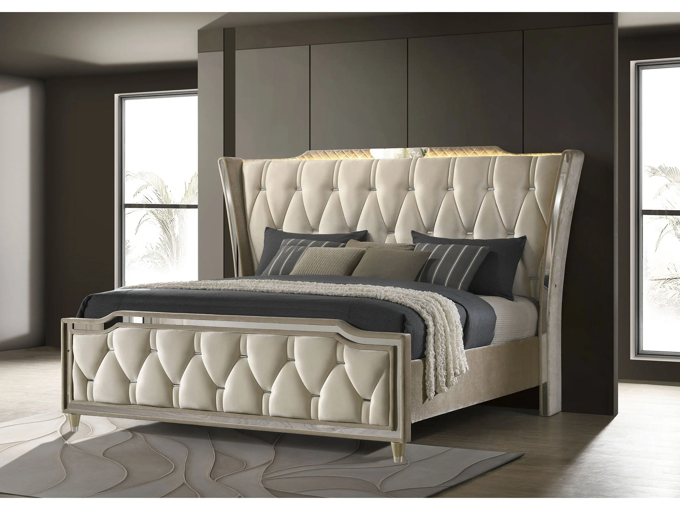 Lorient Ivory/Camel Queen LED Upholstered Wingback Bed