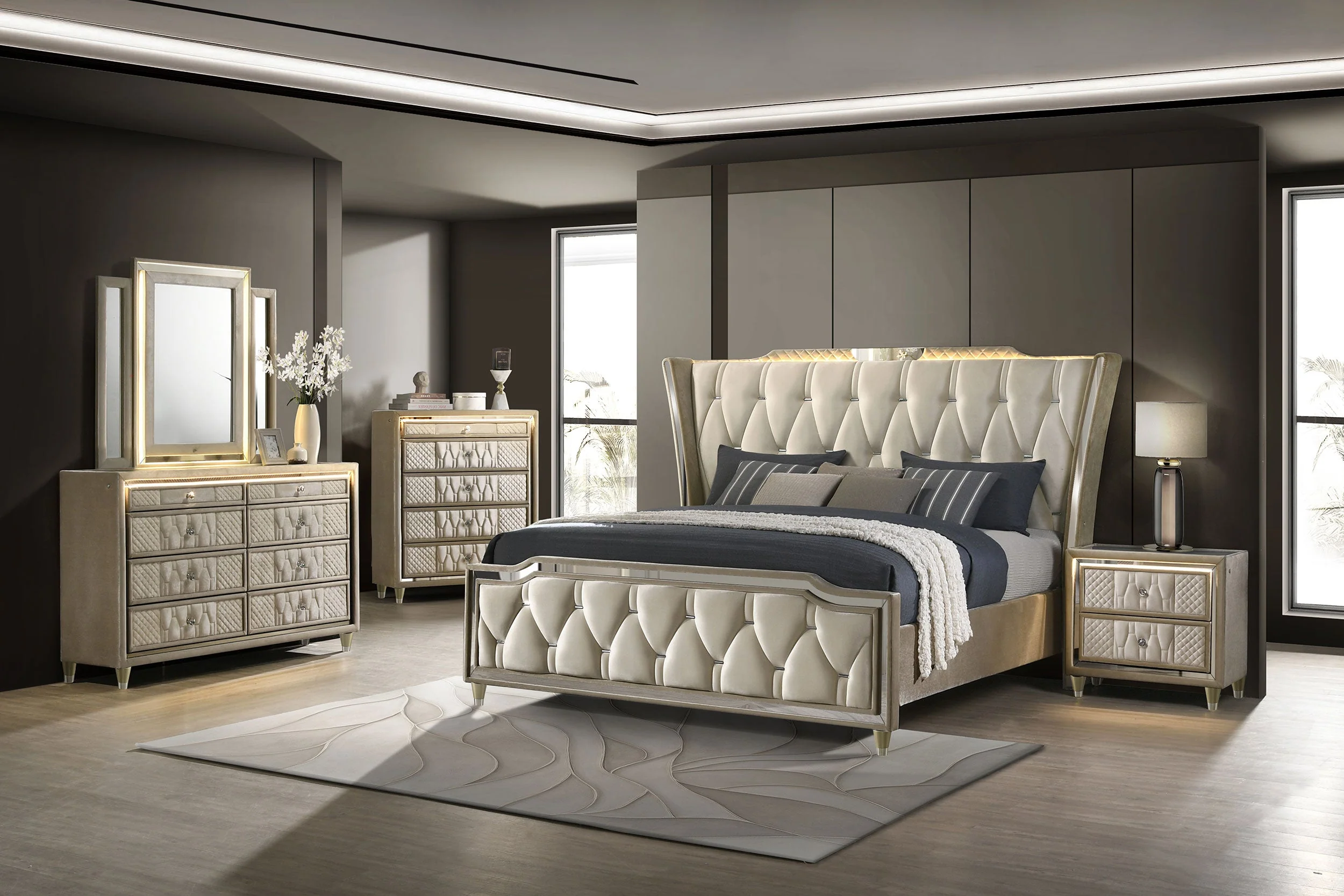 Lorient Ivory/Camel Queen LED Upholstered Wingback Bed - Image 12