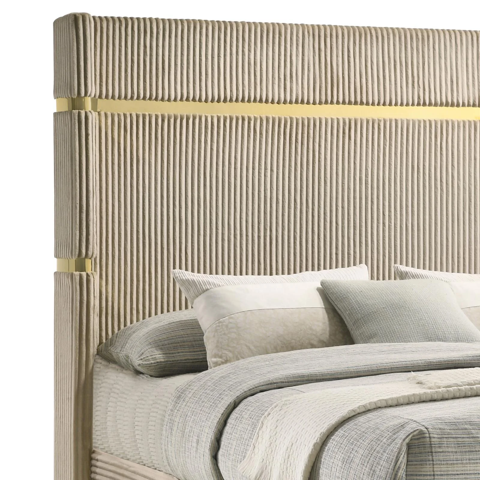 Lucia Beige Upholstered Queen Wingback Panel Bed - Image 4