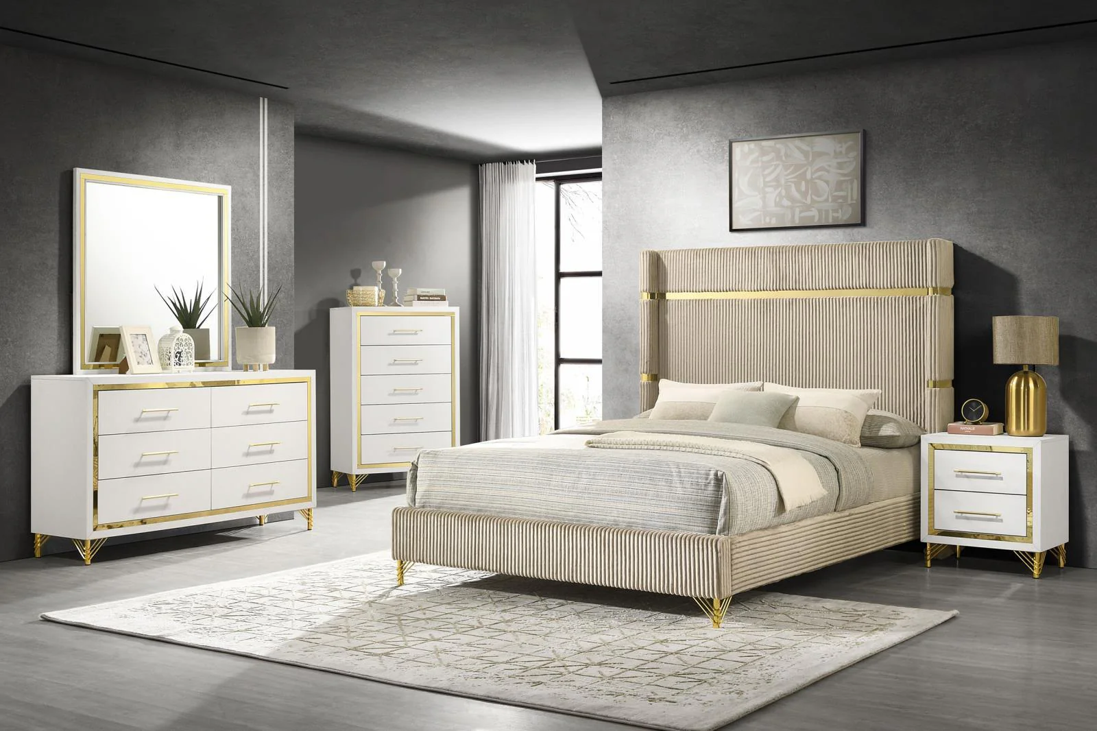 Lucia Beige Upholstered Queen Wingback Panel Bed - Image 5