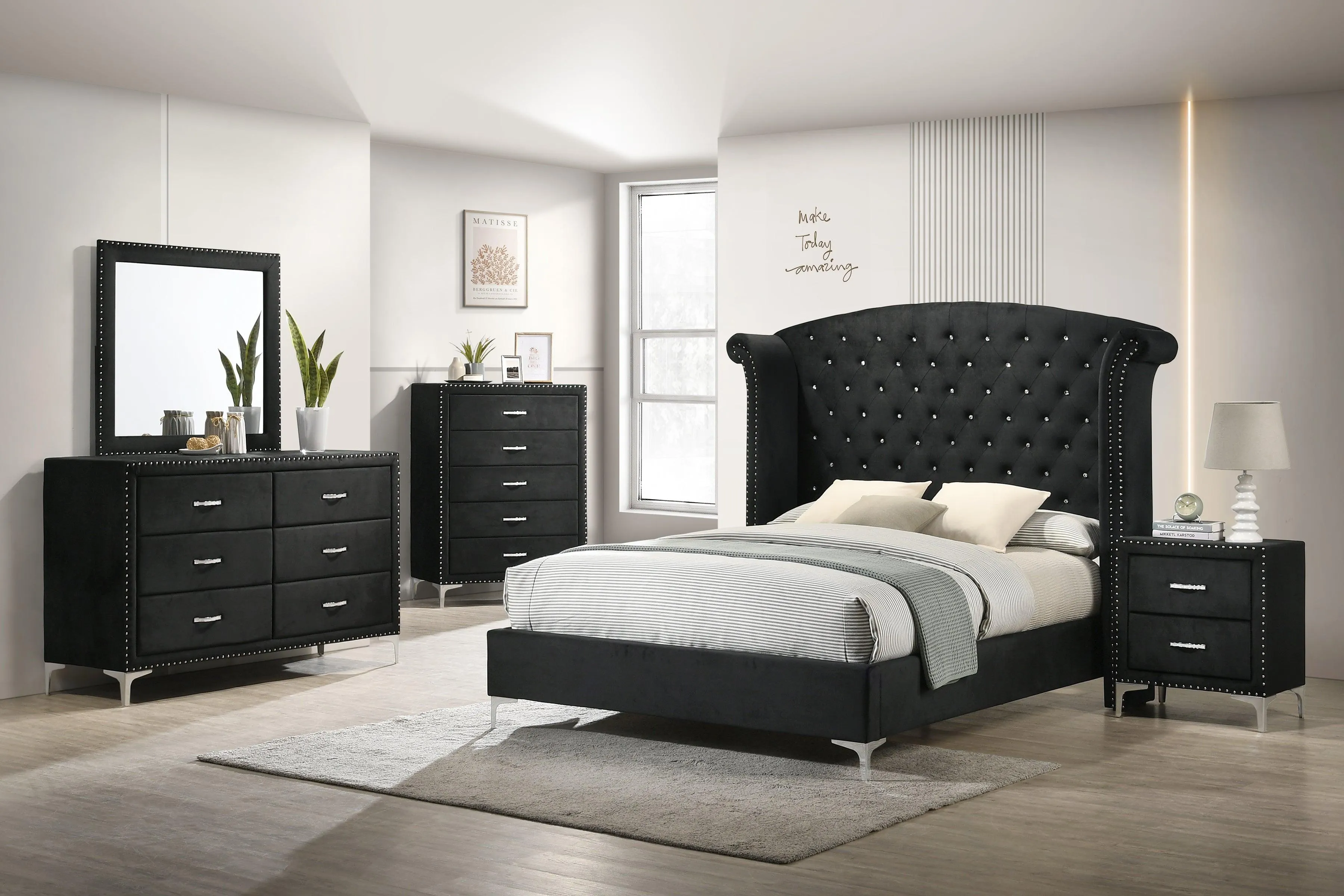 Lucinda Black King Upholstered Wingback Panel Bed - Image 2