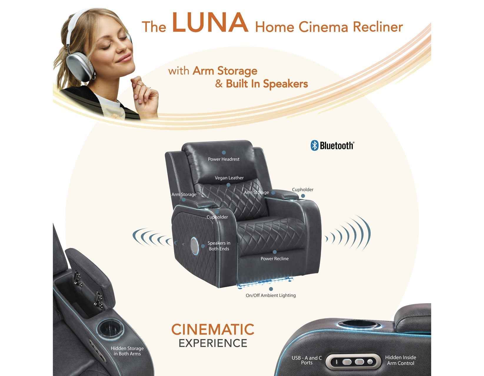 Luna Home Cinema Power Recliner, Charcoal Vegan Leather - Image 14
