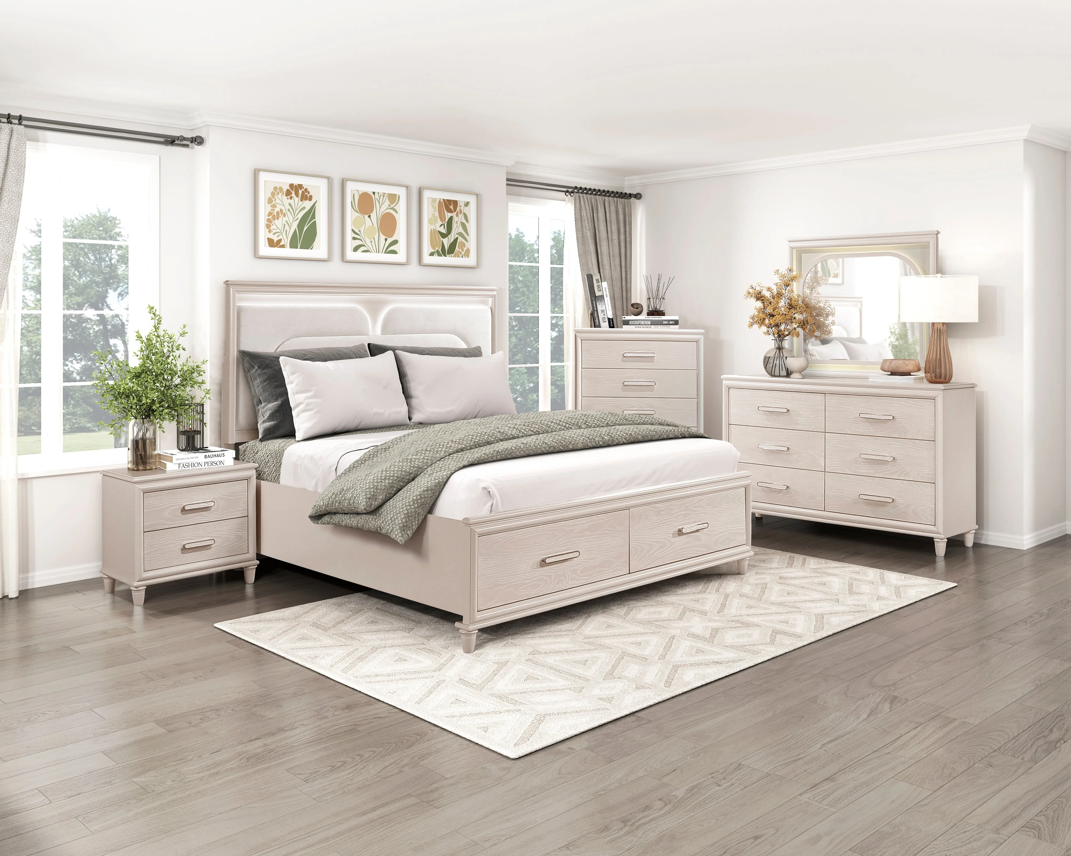Lunaris Beige Queen Platform Bed with Footboard Storage - Image 15