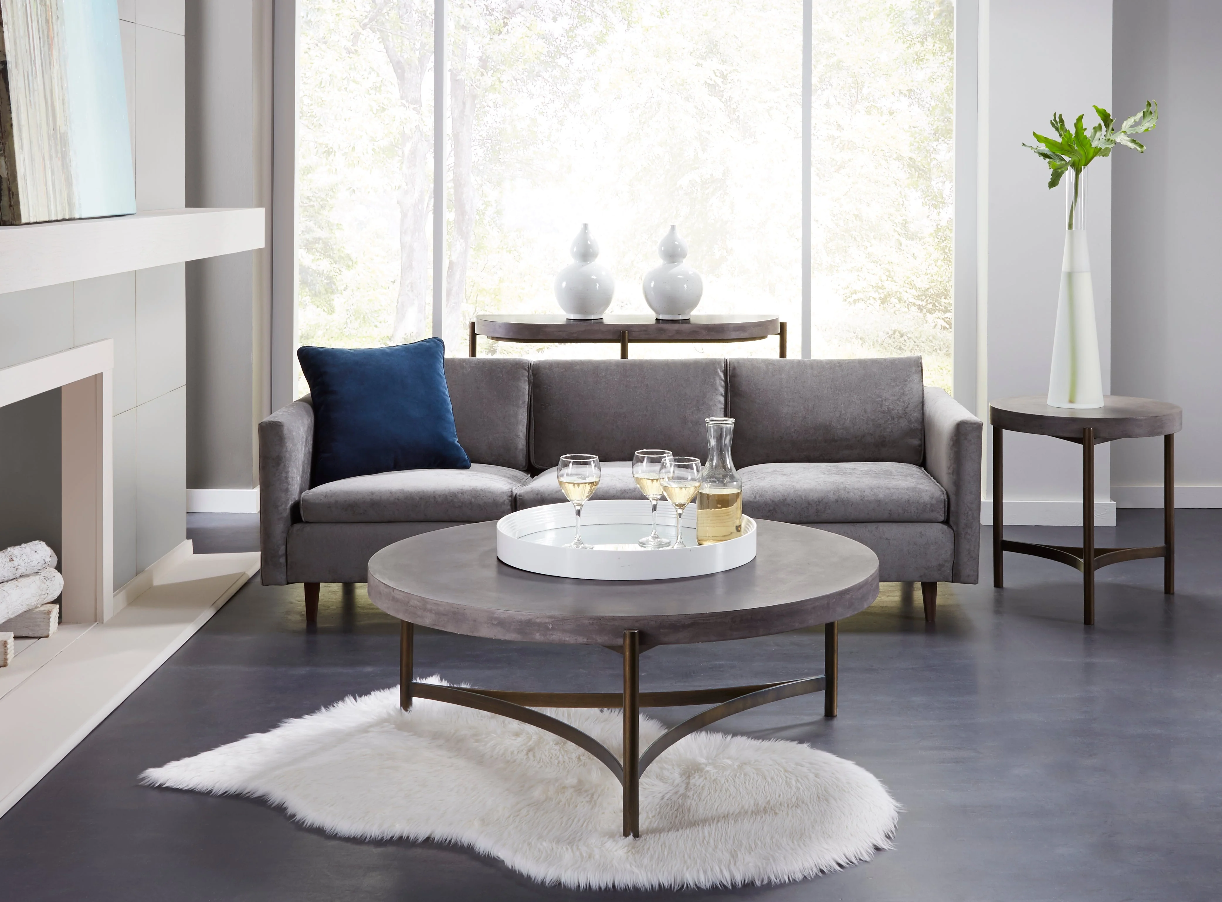 Lyon Round Natural Concrete and Metal Side Table - Image 2
