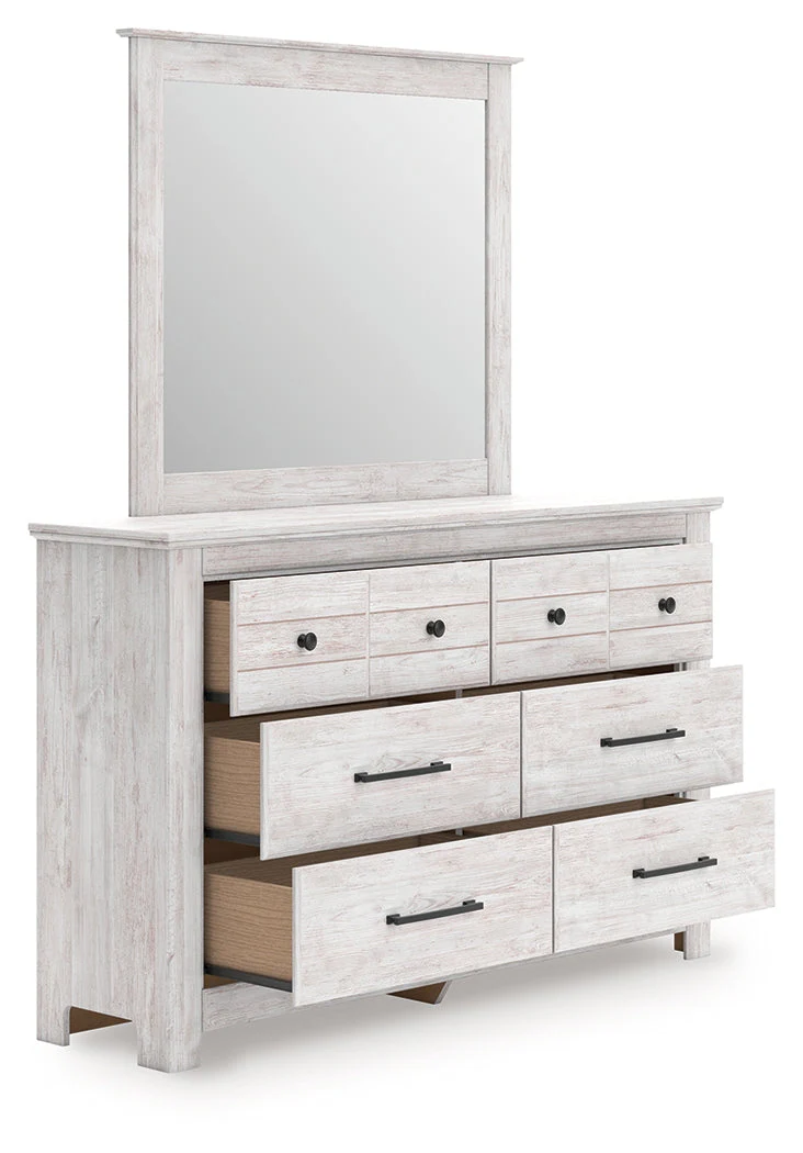 Makidern Whitewash Queen Panel Bed with Storage, Dresser and Mirror - Image 4
