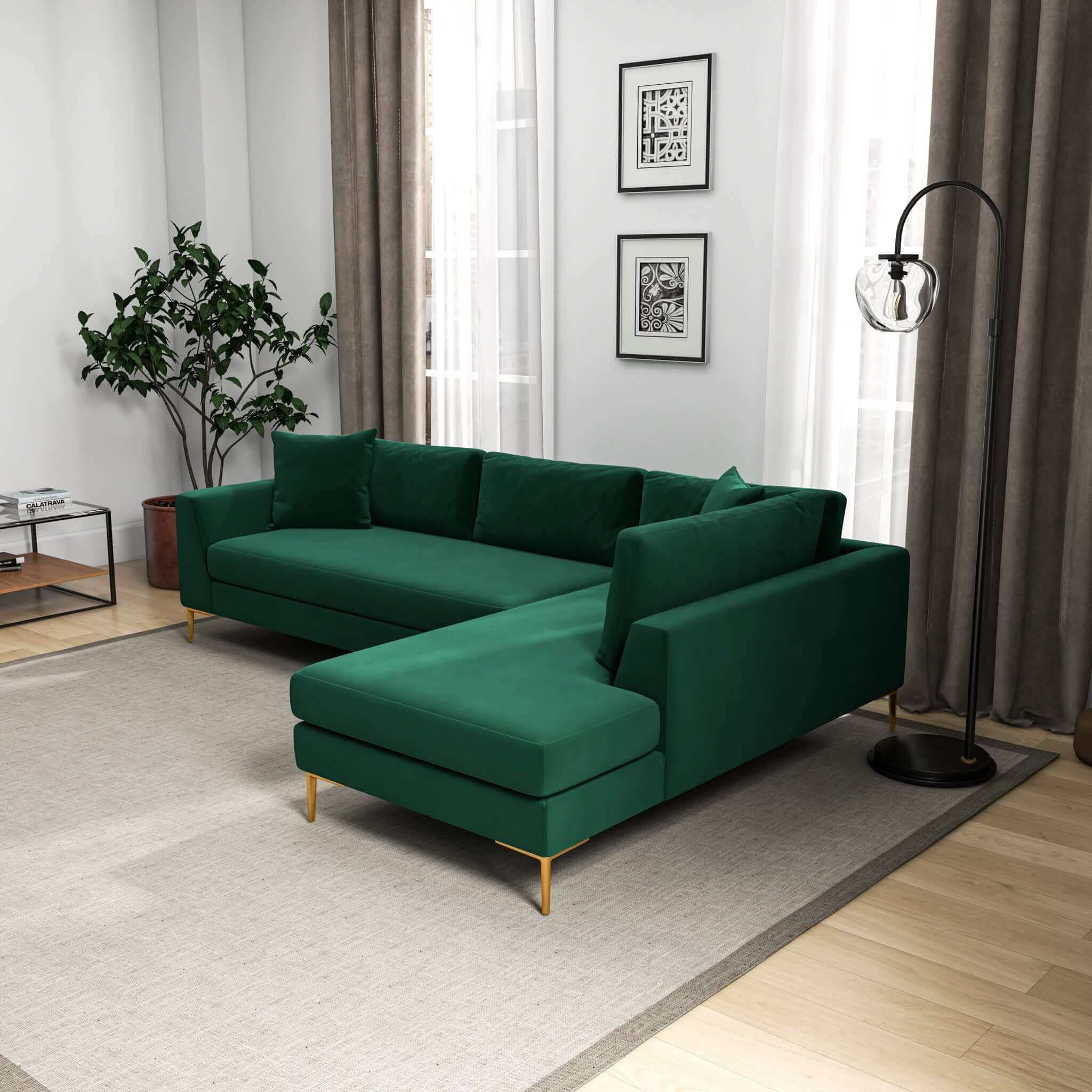 Mano L-Shaped Velvet Sectional Sofa In Green Right Facing - Image 2
