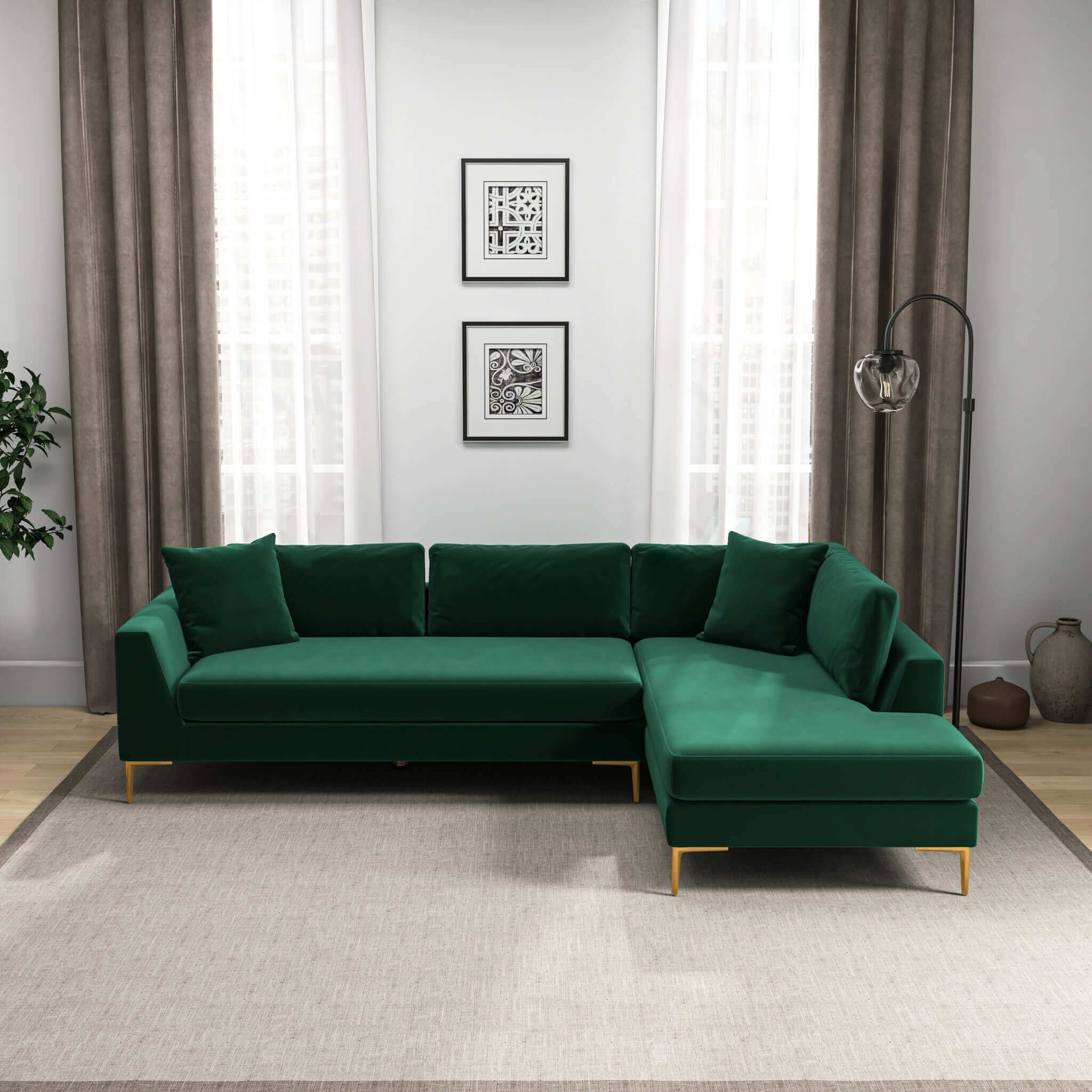 Mano L-Shaped Velvet Sectional Sofa In Green Right Facing - Image 5