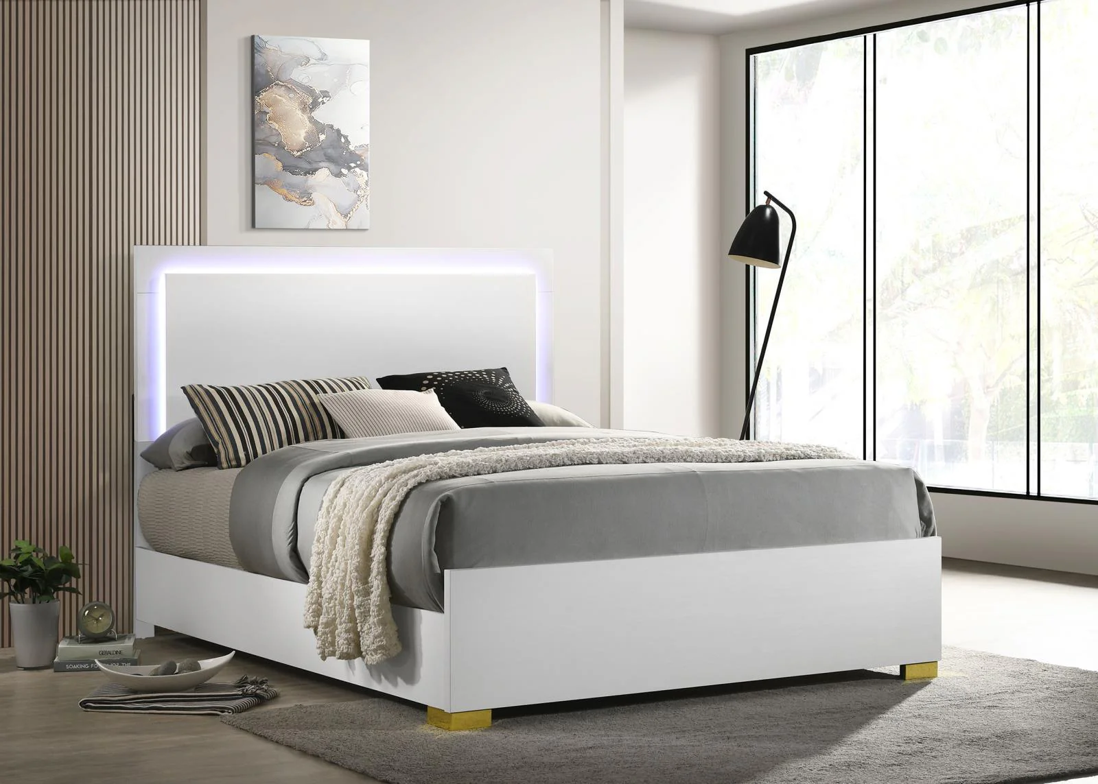 Marceline White Eastern King Bed with LED Headboard